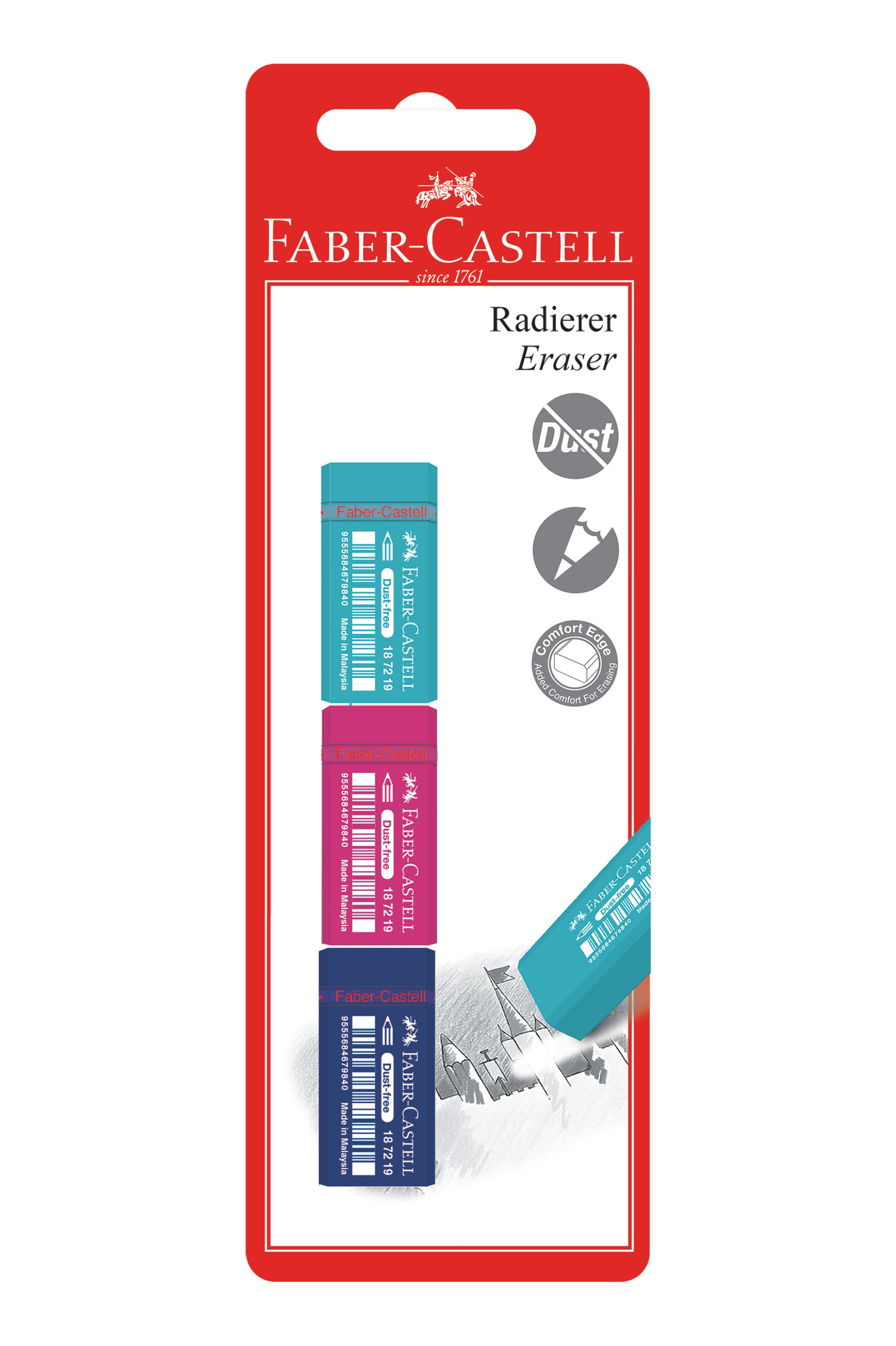 FABER-CASTELL Faber-Castell Blister 3 χρωματιστές γόμες Dust Free - 077187290