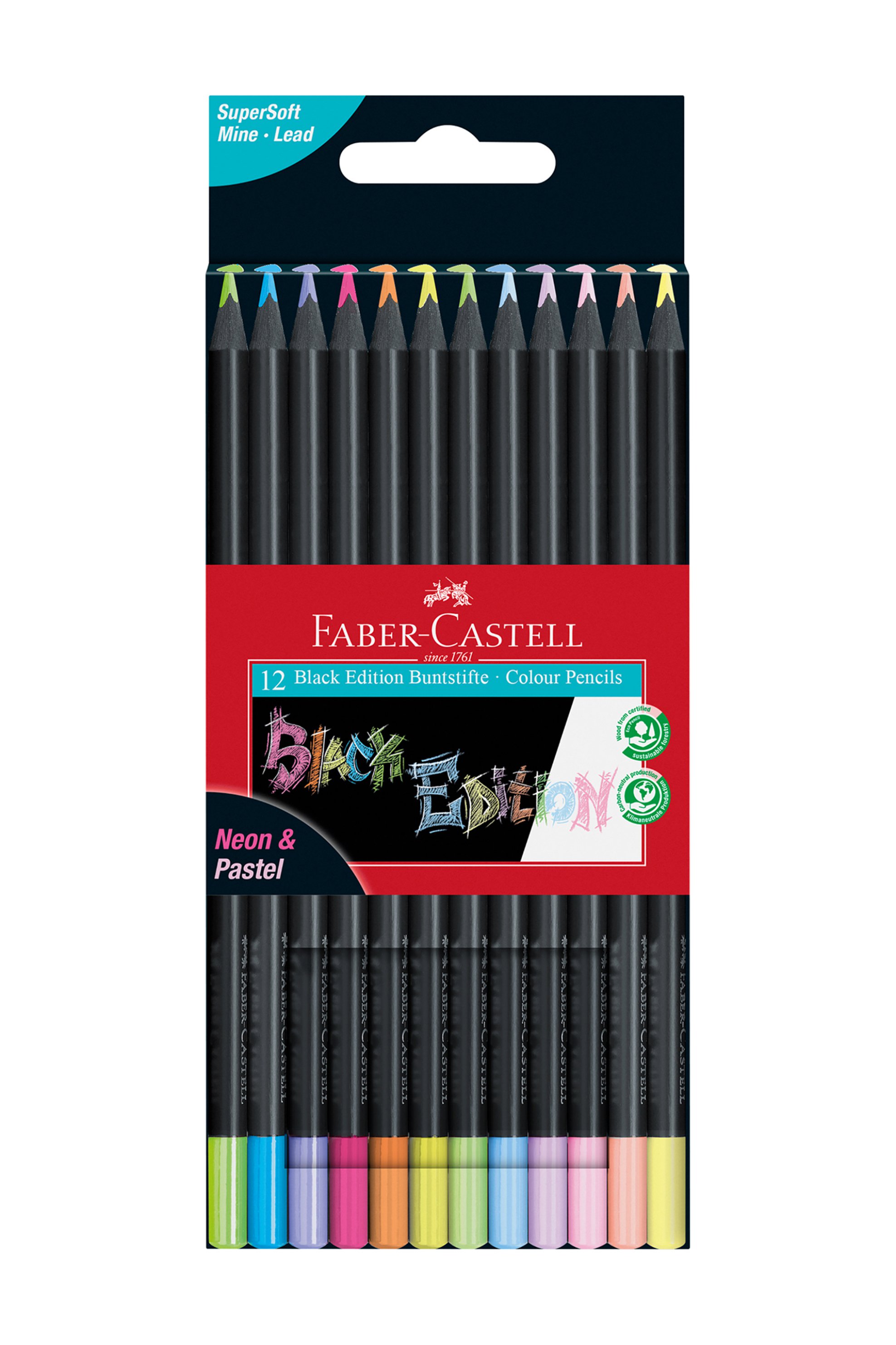 FABER-CASTELL Faber-Castell Ξυλομπογιές Black Edition Νέον + Παστέλ Σετ 12 χρώματα - 077116410