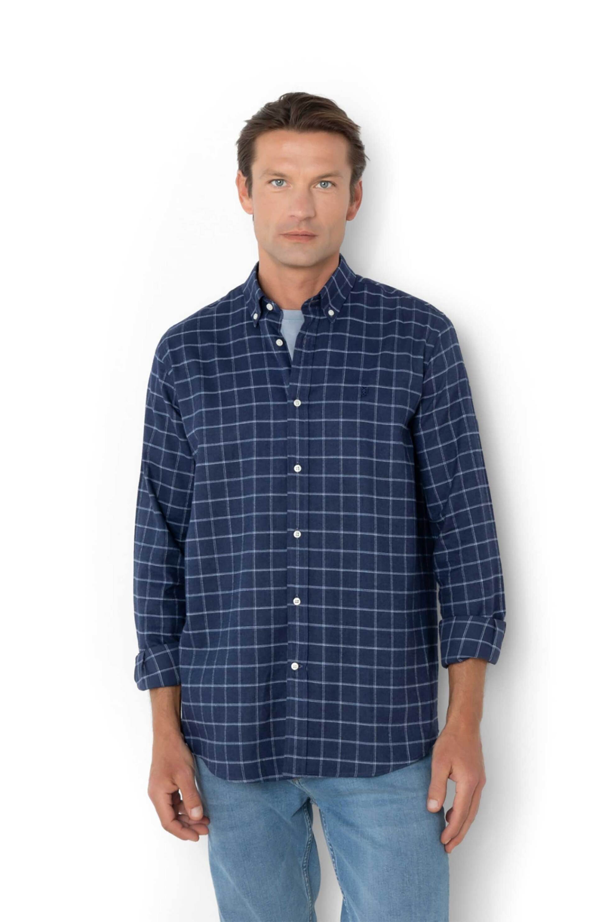 THE BOSTONIANS The Bostonians ανδρικό πουκάμισο flannel button down με καρό σχέδιο Regular Fit "Copley" - AACH8483 Μπλε Σκούρο