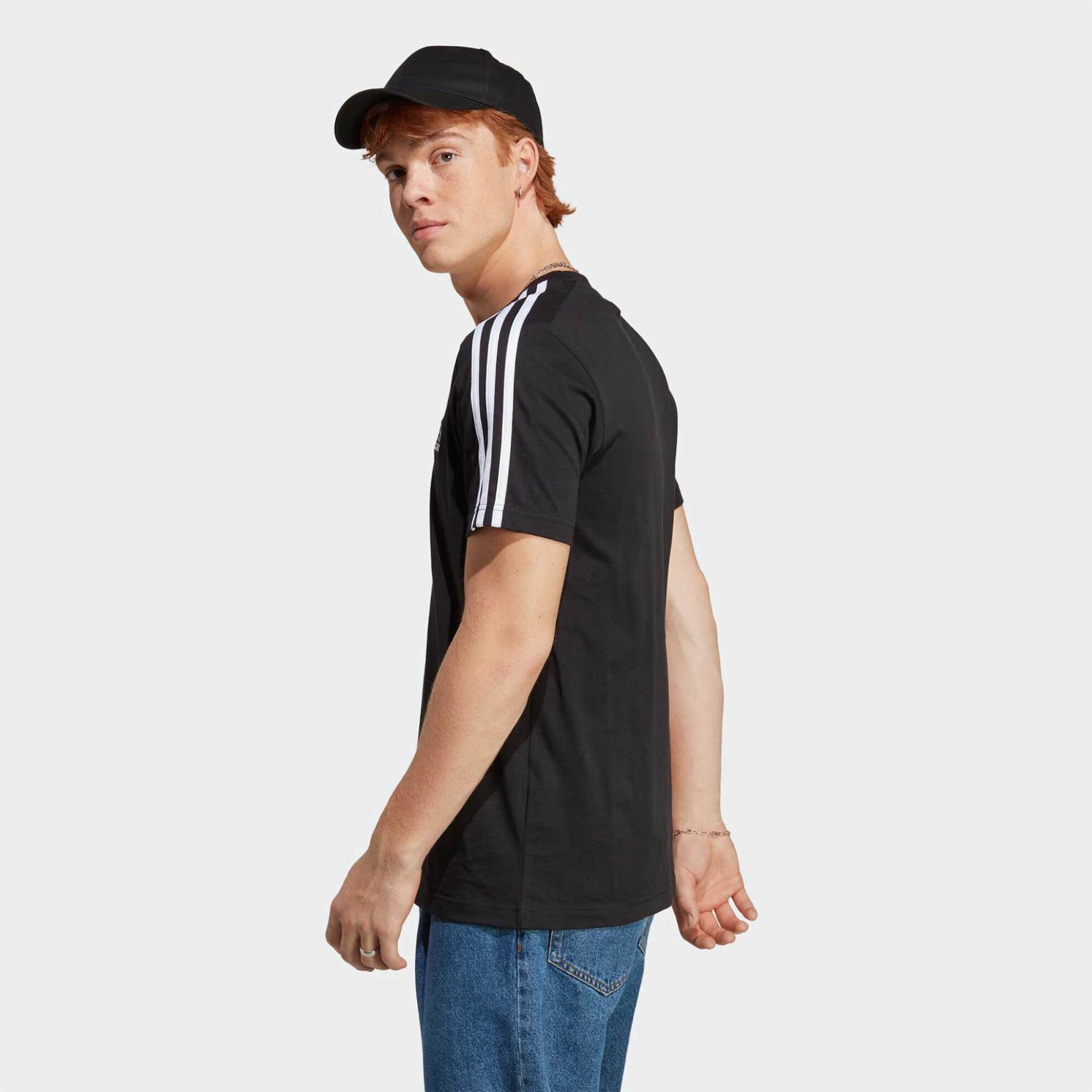 Adidas ανδρικό αθλητικό T-shirt μονόχρωμο με contrast λογότυπο και ρίγες στους ώμους "Essentials Single Jersey 3-stripes" - IC9334 Μαύρο φωτογραφία