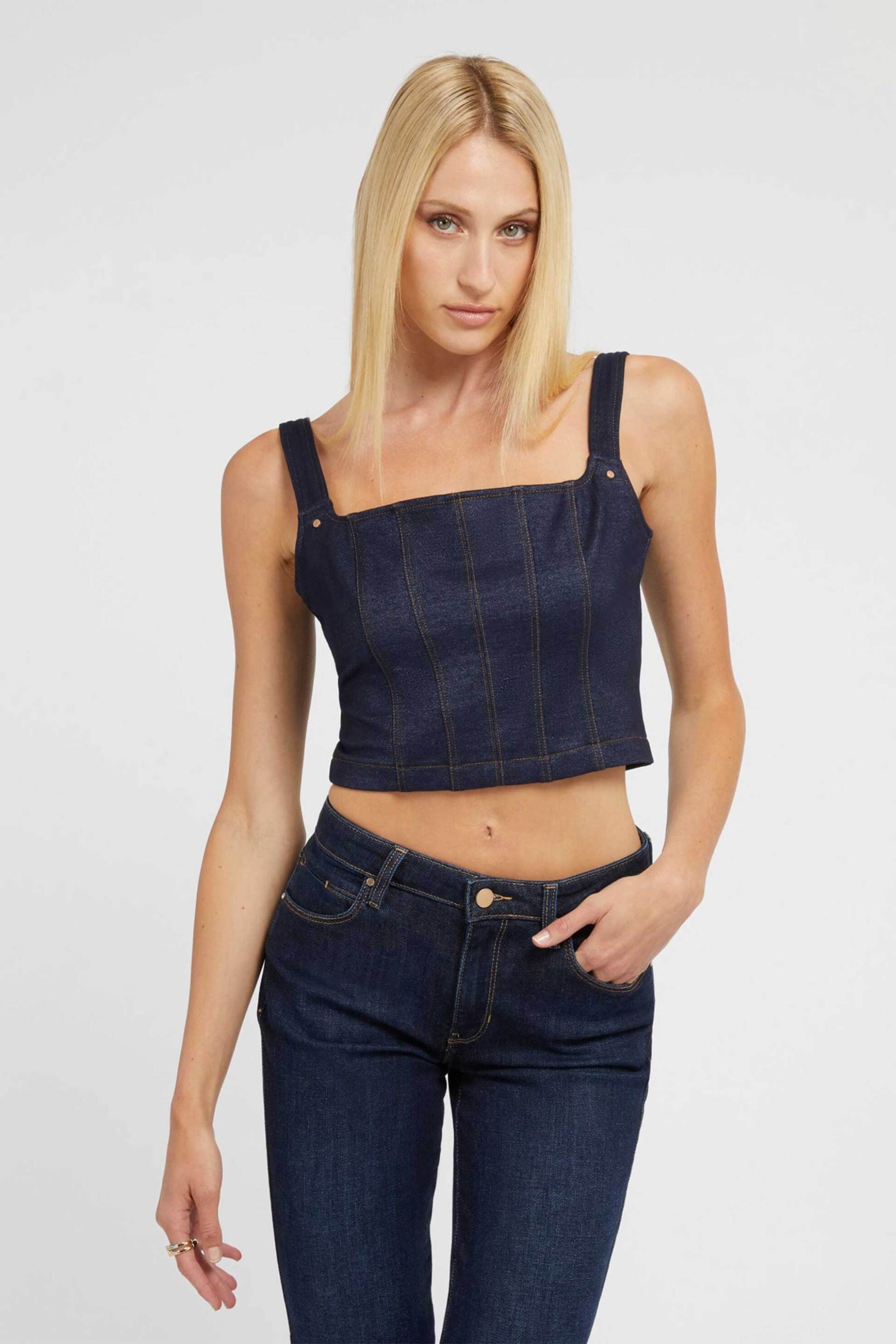 Guess Guess γυναικείο denim crop top μονόχρωμο με contrast ραφές - W3YP57KBU70 Denim Blue Σκούρο 2025