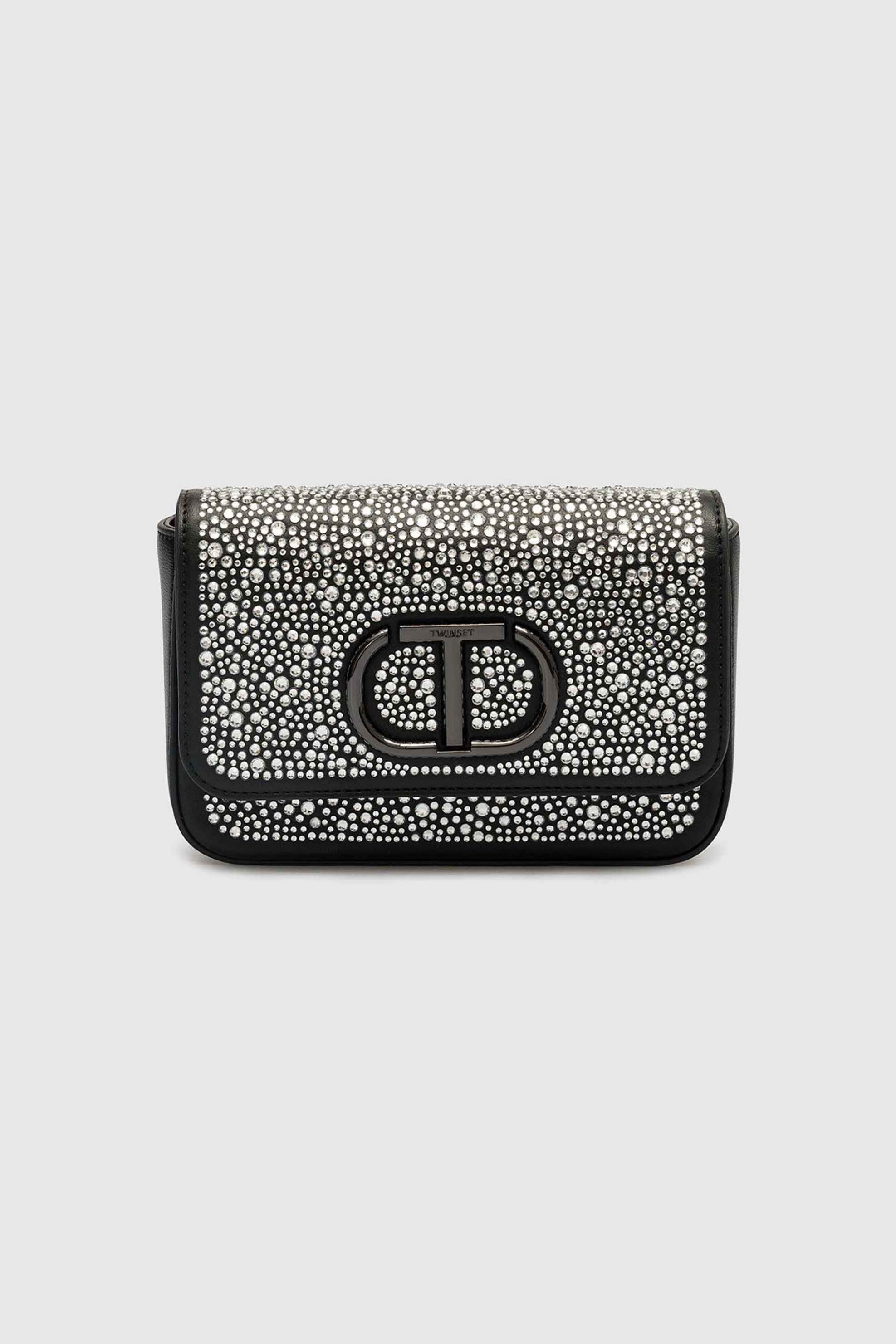  Twinset γυναικεία τσάντα crossbody με all-over rhinestones και ανάγλυφο μονόγραμμα - 232TB7022 Μαύρο 2025