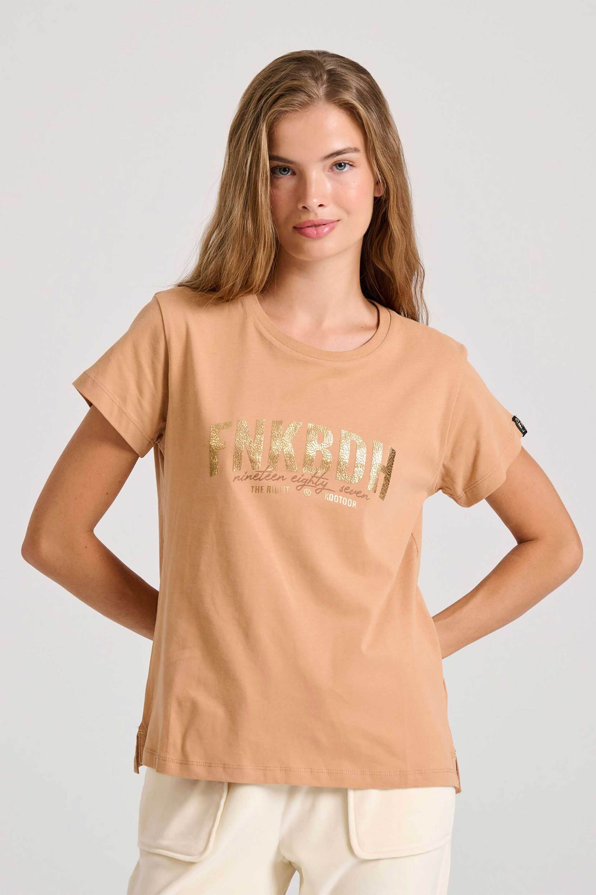  Funky Buddha γυναικείο T-shirt με logo print Regular Fit - FBL010-115-04 Καμηλό 2025