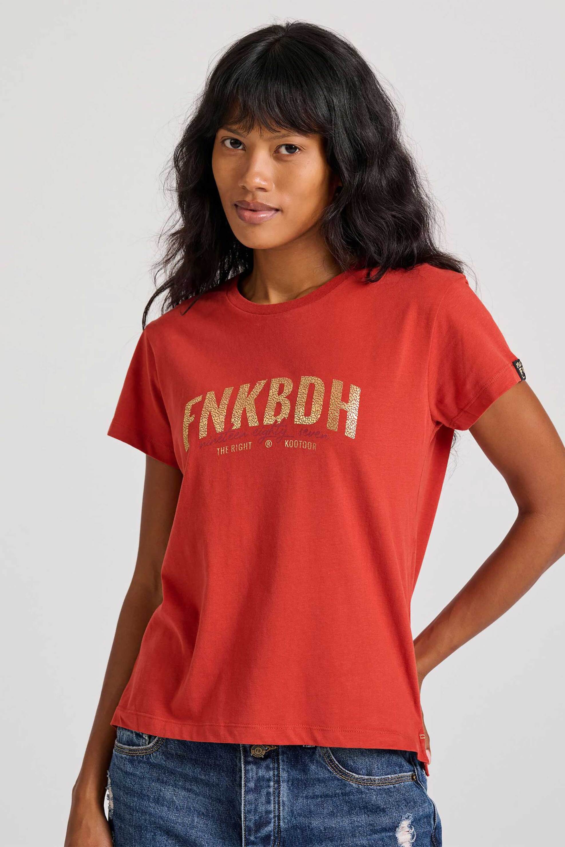  Funky Buddha γυναικείο T-shirt με logo print Regular Fit - FBL010-115-04 Κοραλί 2025