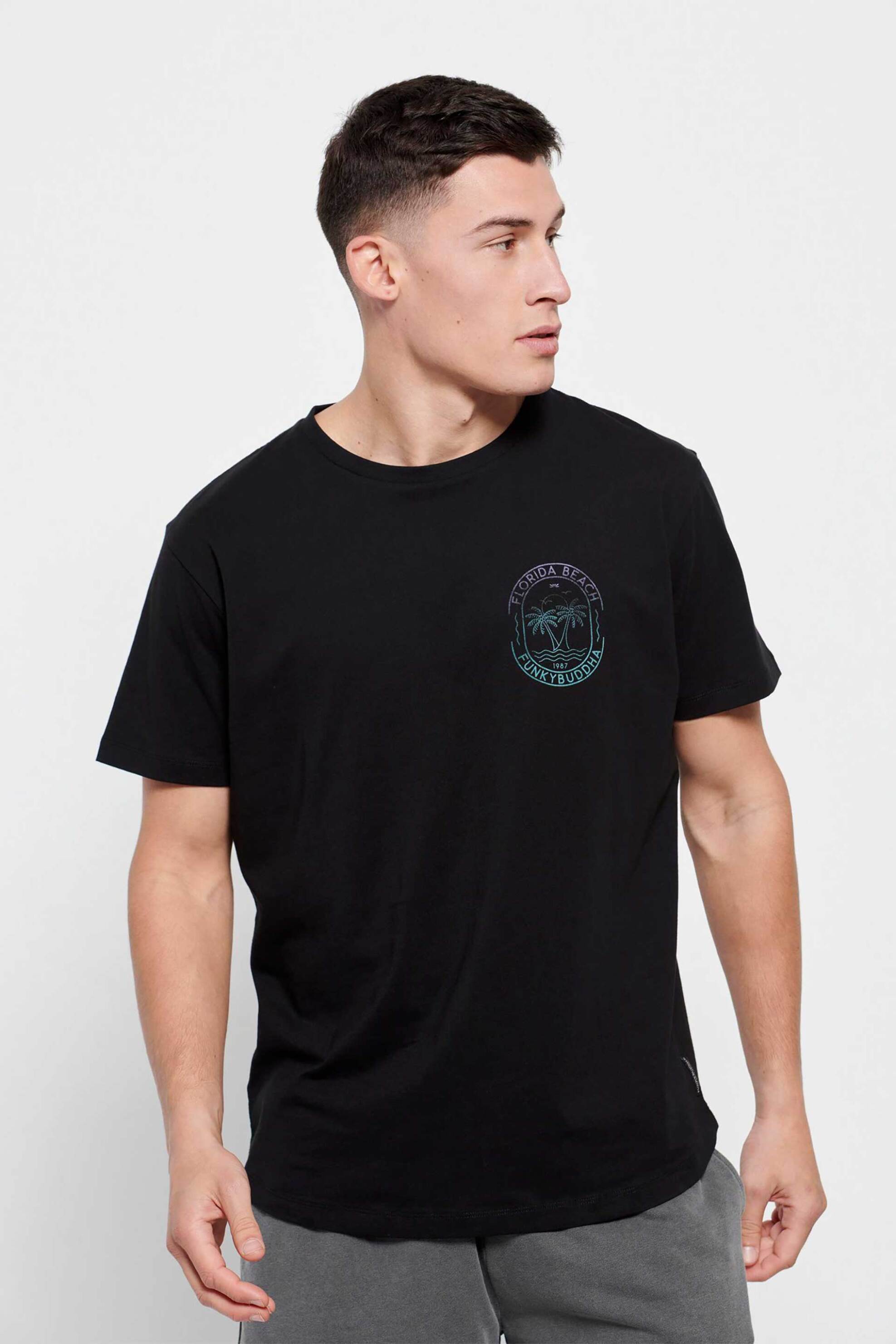 Funky Buddha ανδρικό βαμβακερό T-shirt μονόχρωμο με contrast logo print μπροστά και στην πλάτη – FBM007-050-04 Μαύρο