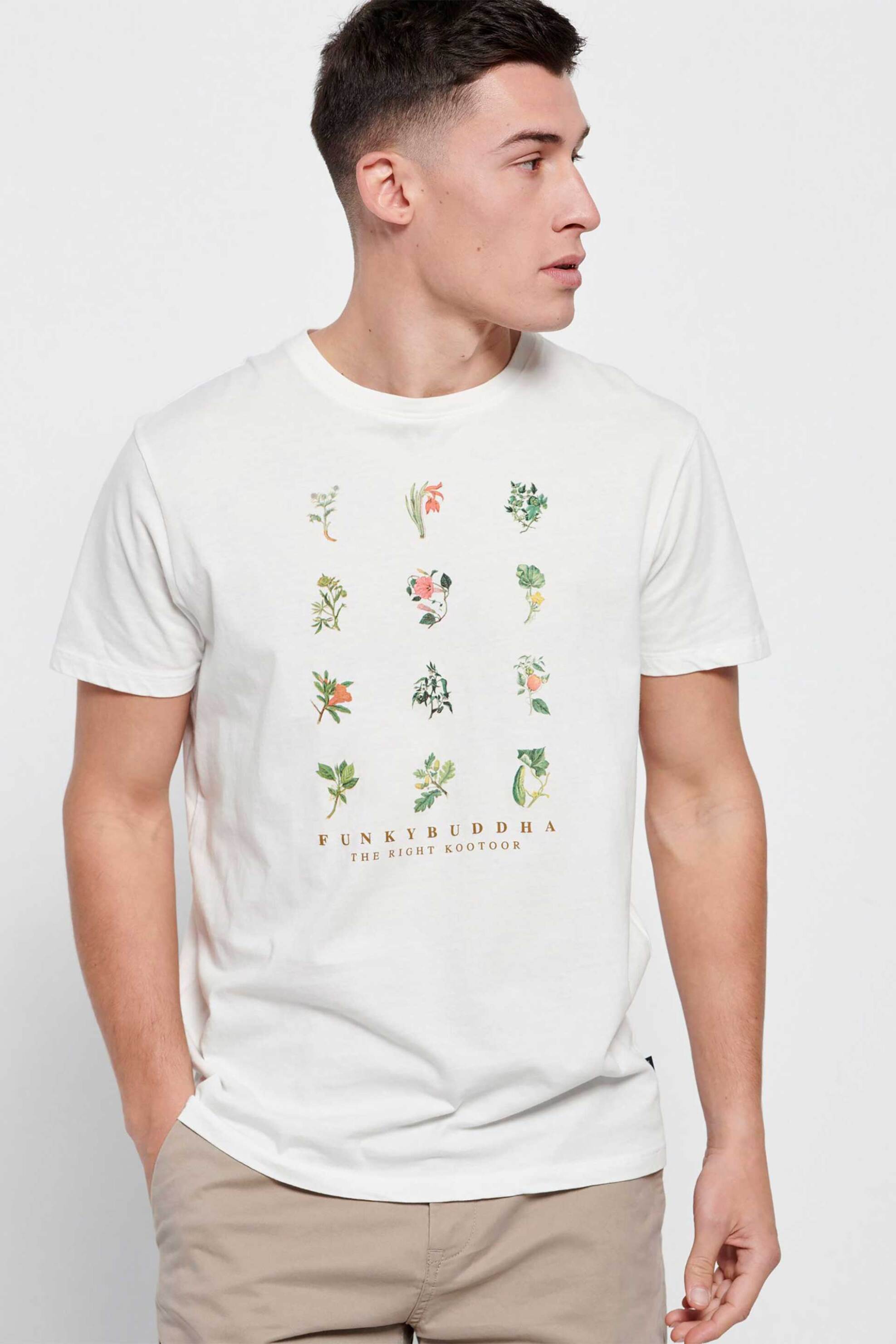 Funky Buddha ανδρικό βαμβακερό T-shirt με botanics και logo print μπροστά – FBM007-346-04 Κρέμ