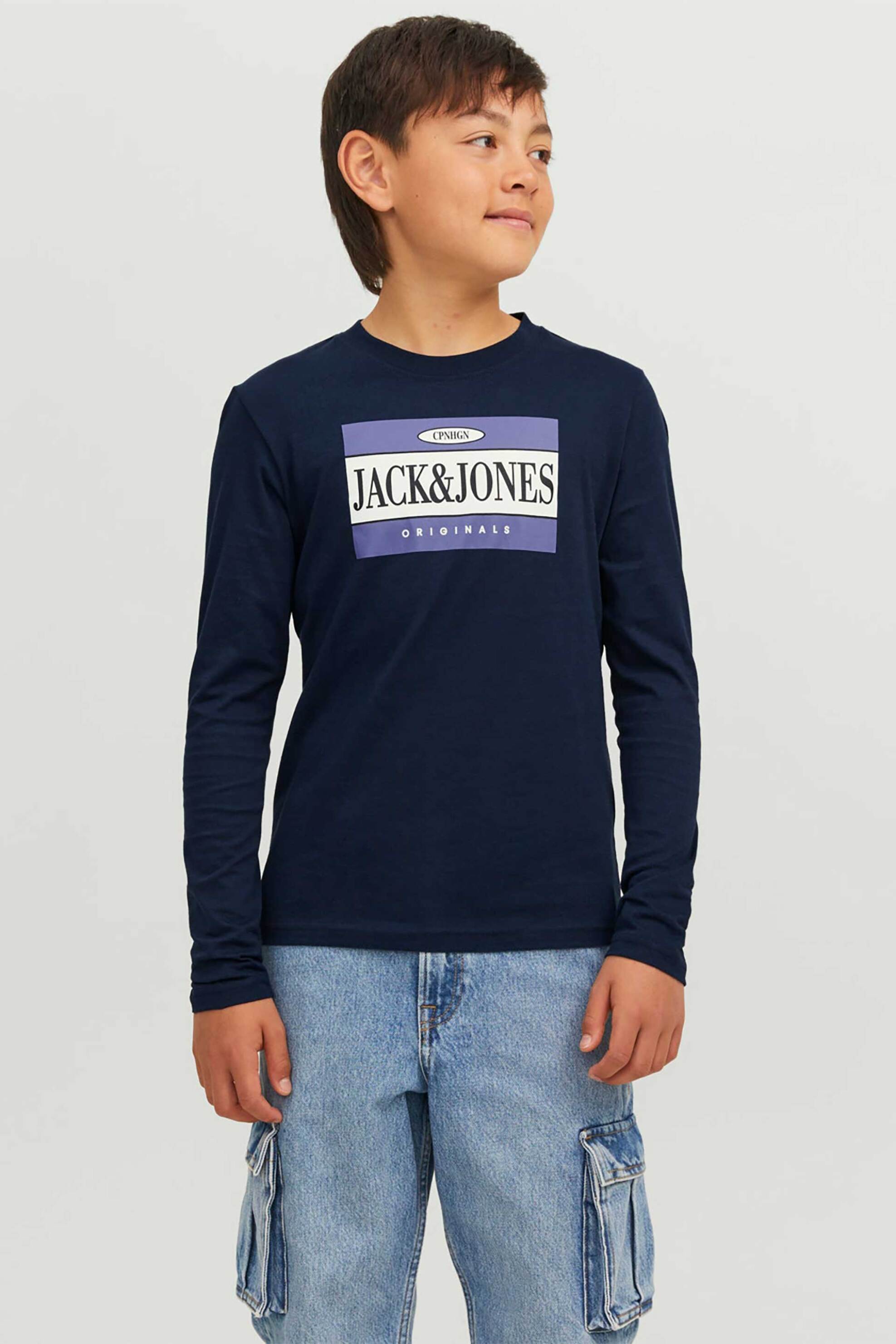 JACK & JONES JACK & JONES παιδική βαμβακερή μπλούζα μονόχρωμη με τύπωμα μπροστά - 12242855 Σκούρο Μπλε