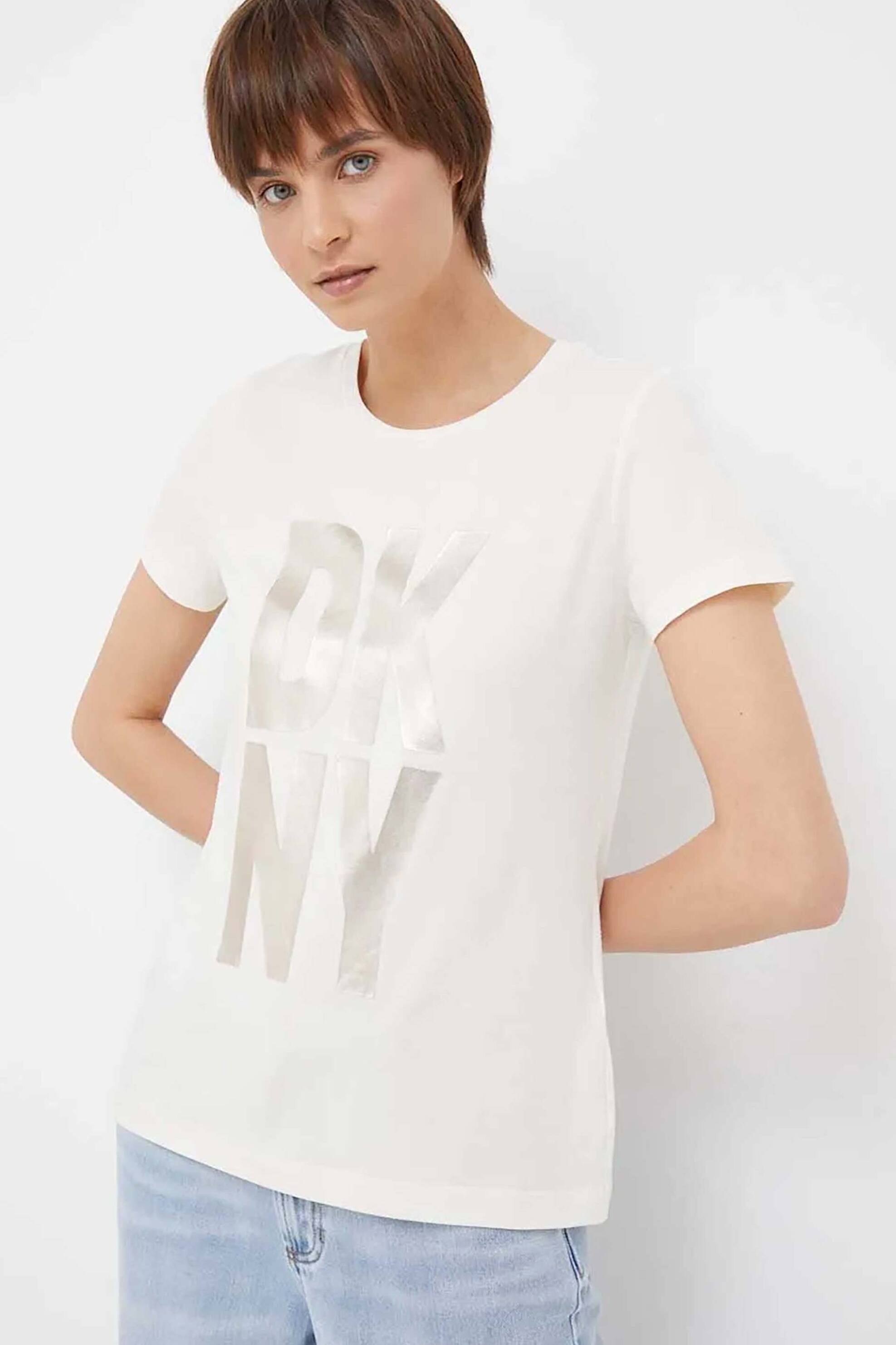  DKNY γυναικείο T-shirt μονόχρωμο με bold logo print μπροστά - P3EHFDNA Εκρού 2025