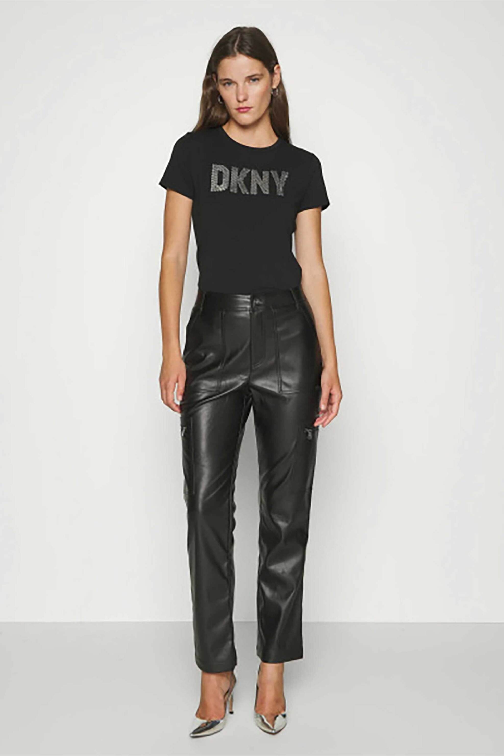  DKNY γυναικείο cargo παντελόνι faux leather μονόχρωμο Flared Leg - E3HKSUZQ Μαύρο 2025