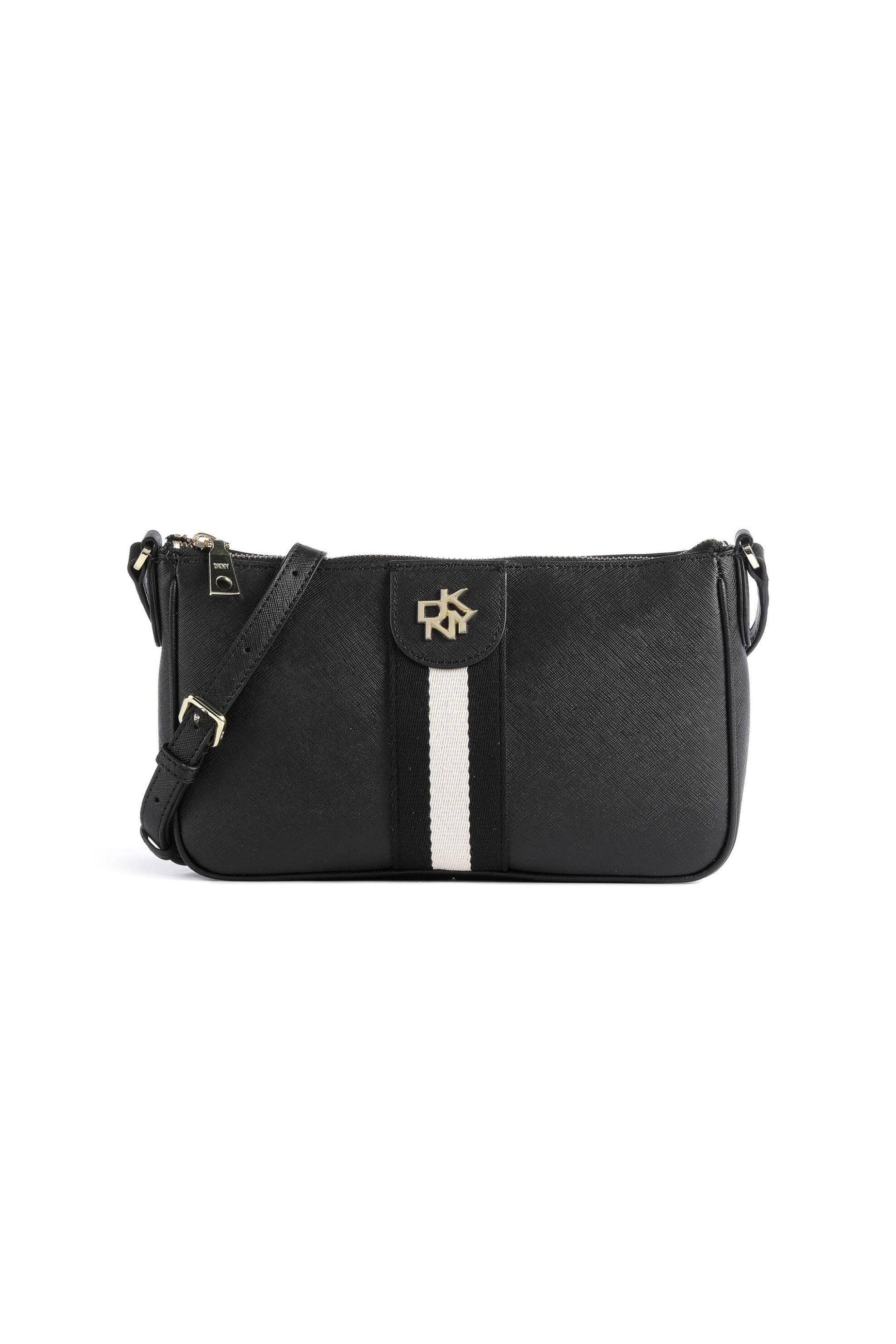  DKNY γυναικεία δερμάτινη τσάντα crossbody μονόχρωμη με contrast ρίγες μπροστά 