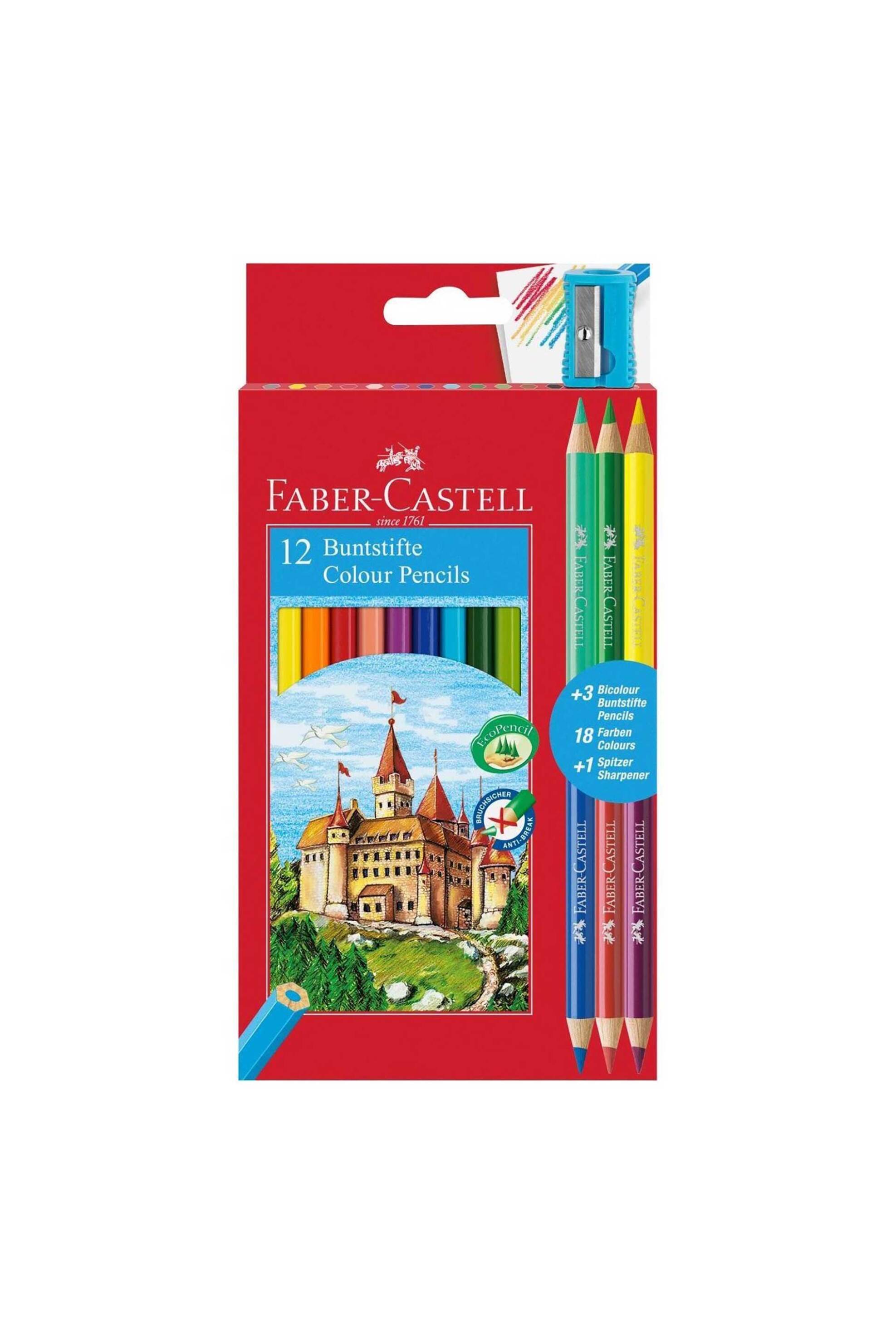 FABER-CASTELL Faber-Castell ξυλομπογιές κάστρο 12 χρώματα και δώρο 3 μολύβια διπλού χρώματος - 077110312/