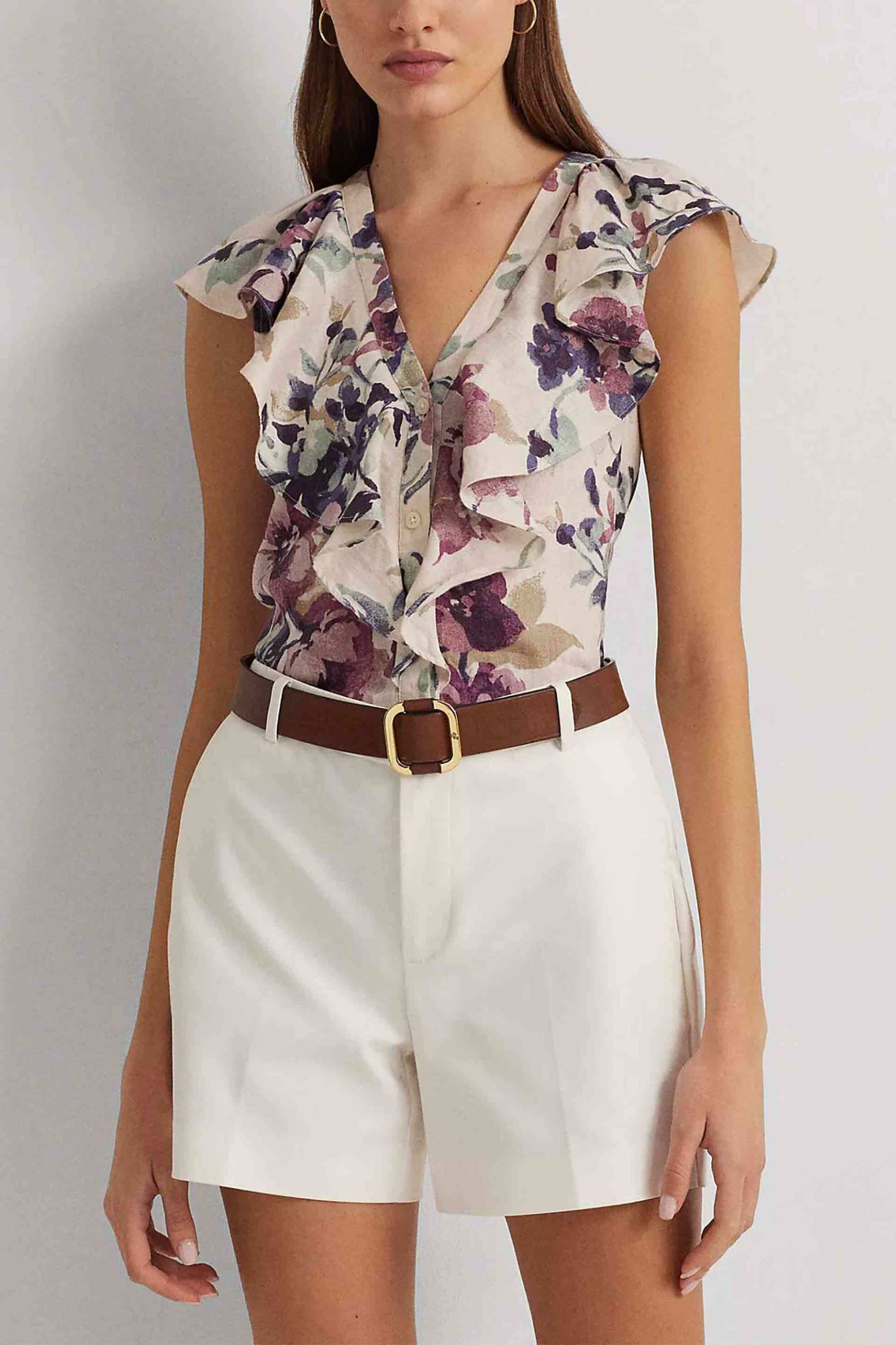 Lauren Ralph Lauren γυναικείο πουκάμισο λινό με all-over floral print και βολάν - 200932660001 Κρέμ