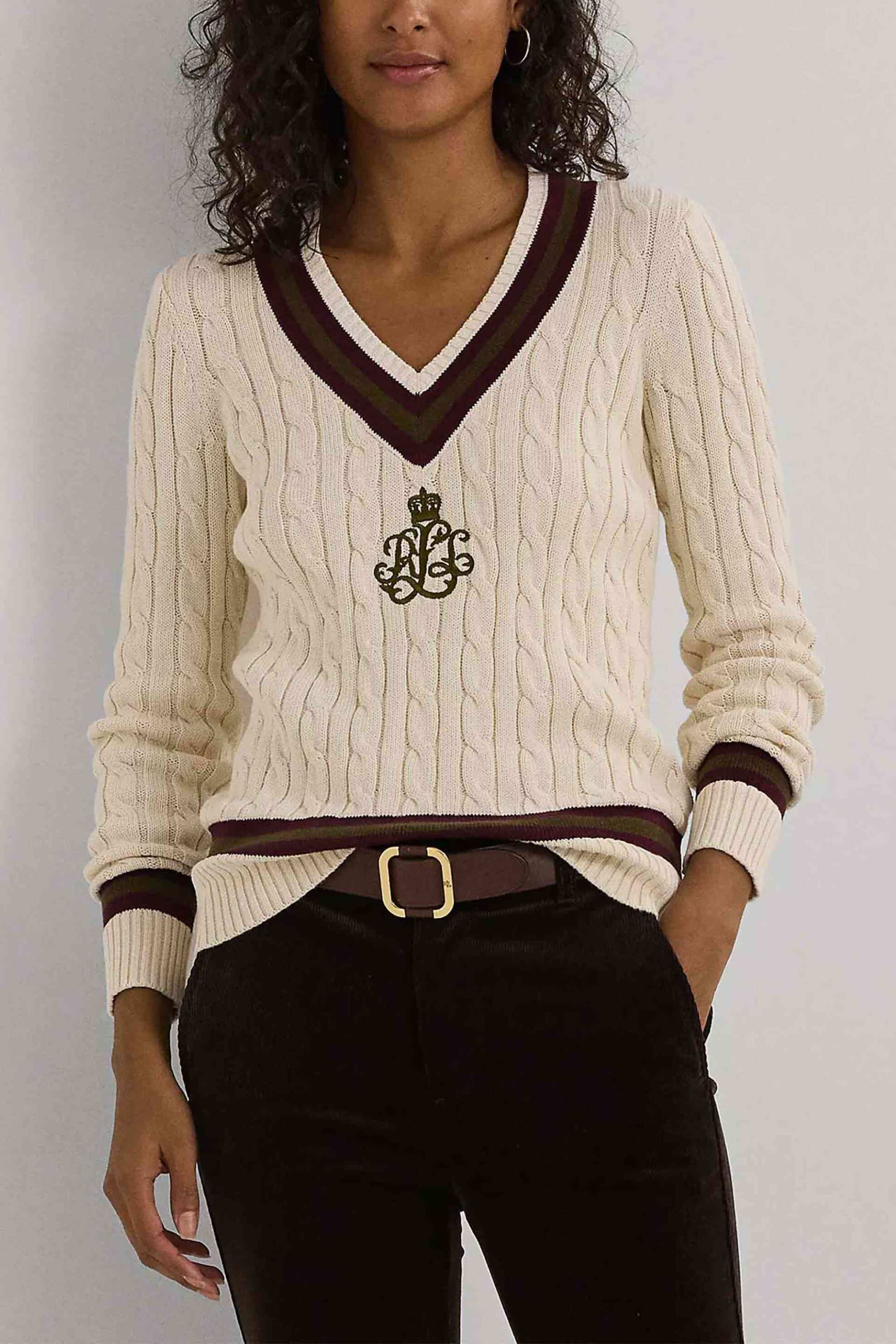 LAUREN RALPH LAUREN Lauren Ralph Lauren γυναικείο πουλόβερ με cable knit pattern και V λαιμόκοψη Relaxed Fit - 200951624002 Κρέμ 2025