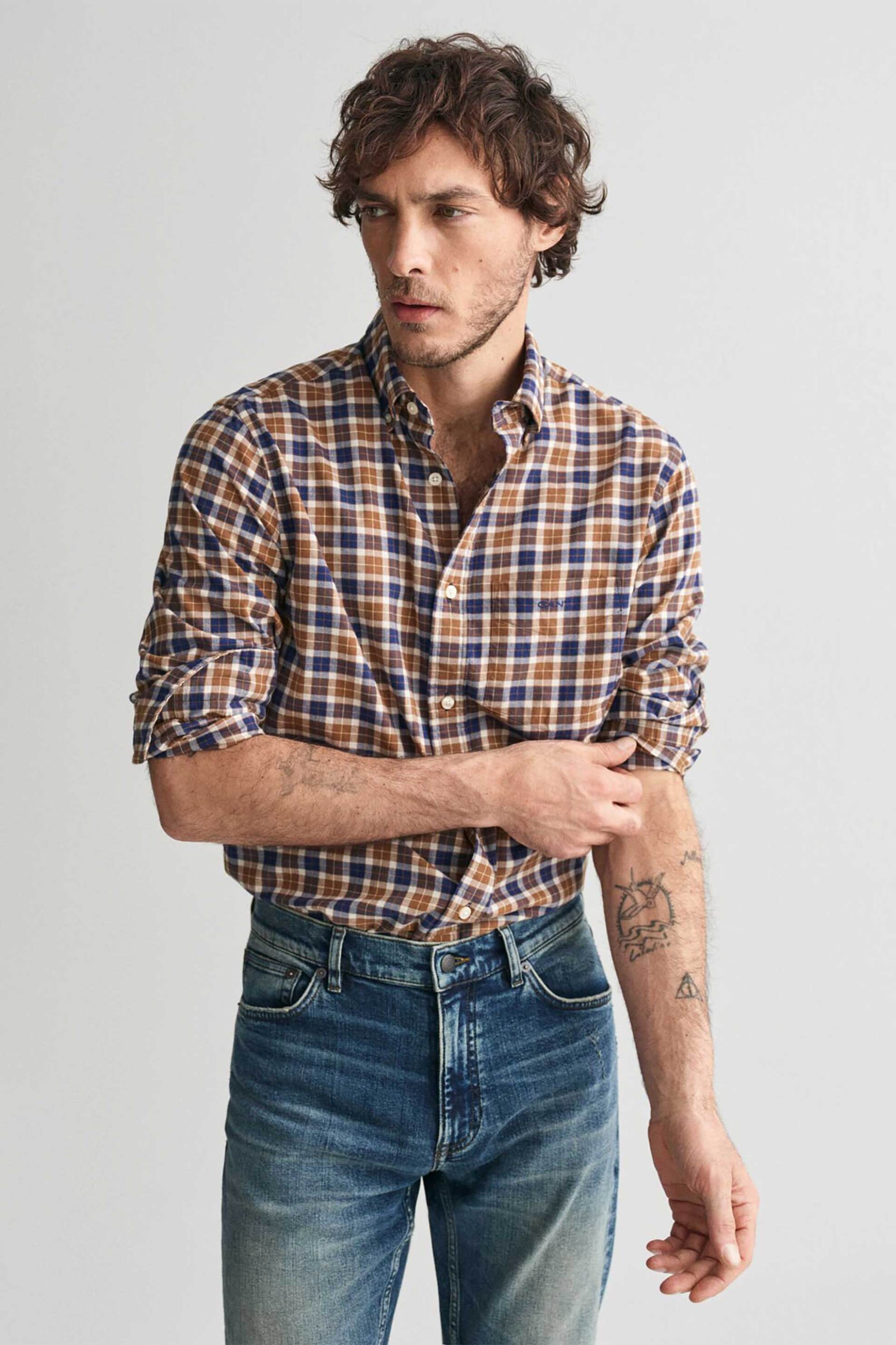 GANT Gant ανδρικό πουκάμισο twill button down με καρό σχέδιο Regular Fit - 3240194 Καφέ