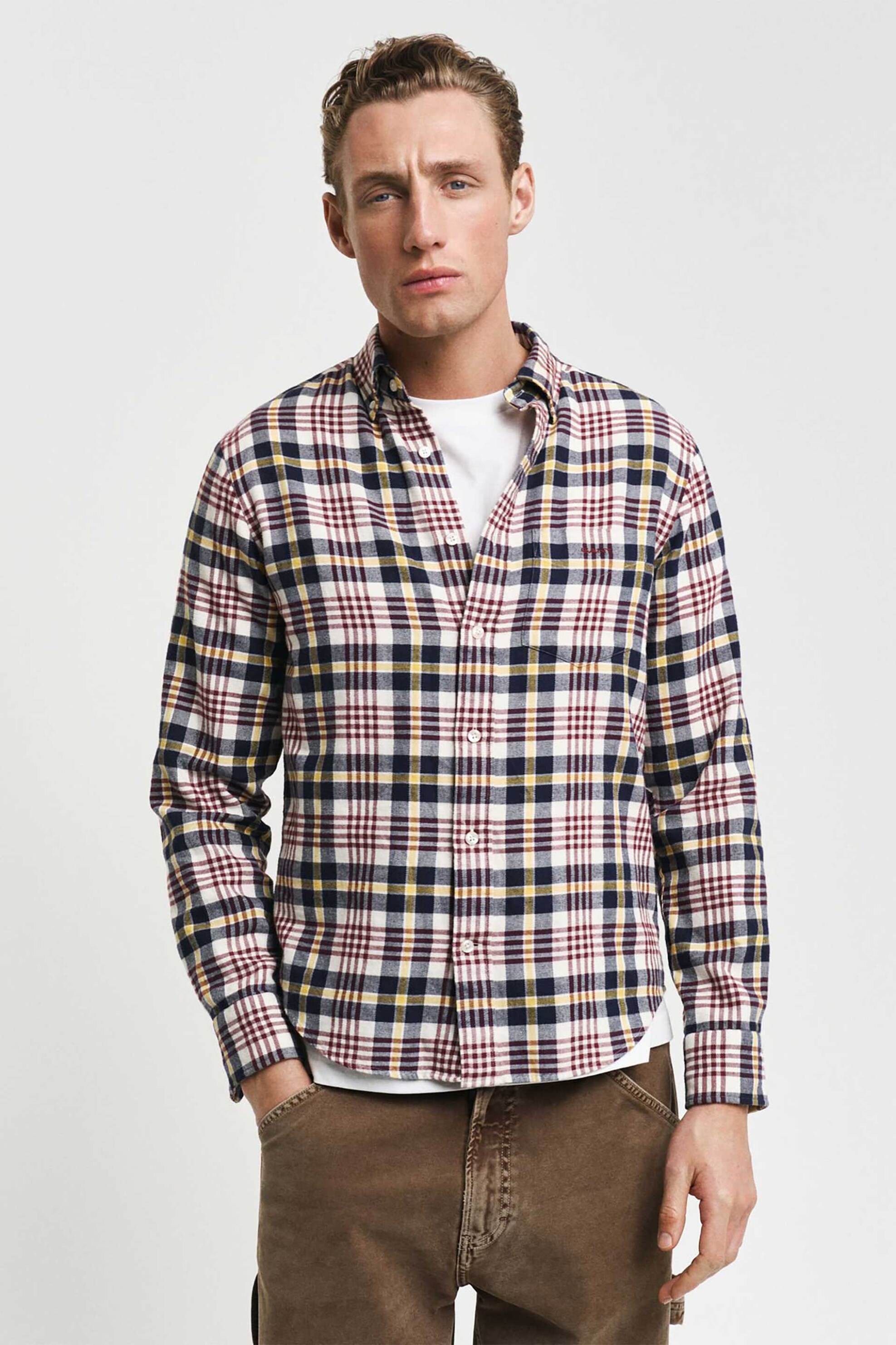 GANT Gant ανδρικό πουκάμισο flannel button down με καρό σχέδιο και τσέπη με λογότυπο Regular Fit - 3240216 Κρέμ