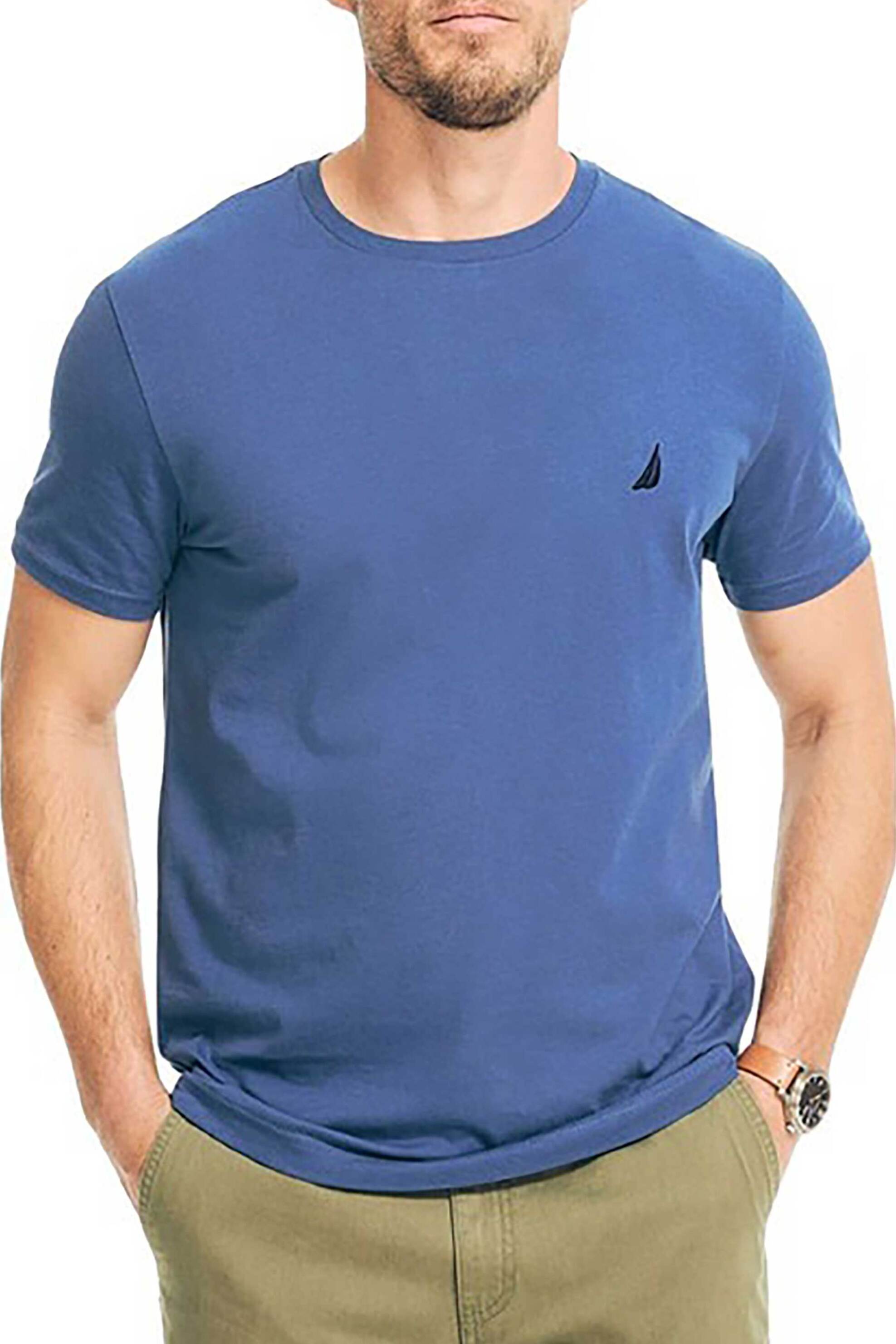 Nautica ανδρικό T-shirt μονόχρωμο βαμβακερό με κεντημένo λογότυπο - V36701 Μπλε