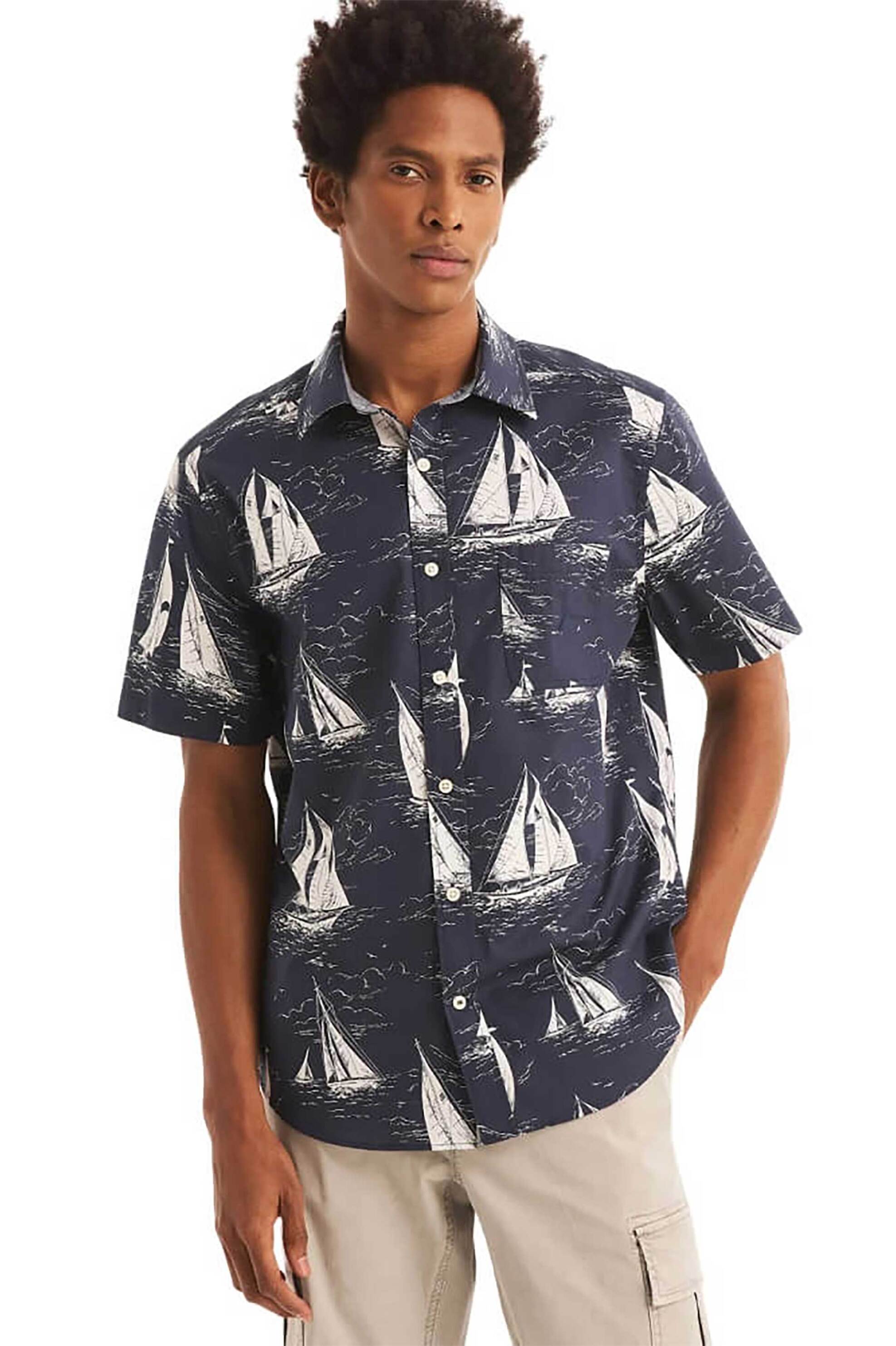 Nautica ανδρικό πουκάμισο με all-over σχέδιο και κοντό μανίκι - W45107 Μπλε Σκούρο