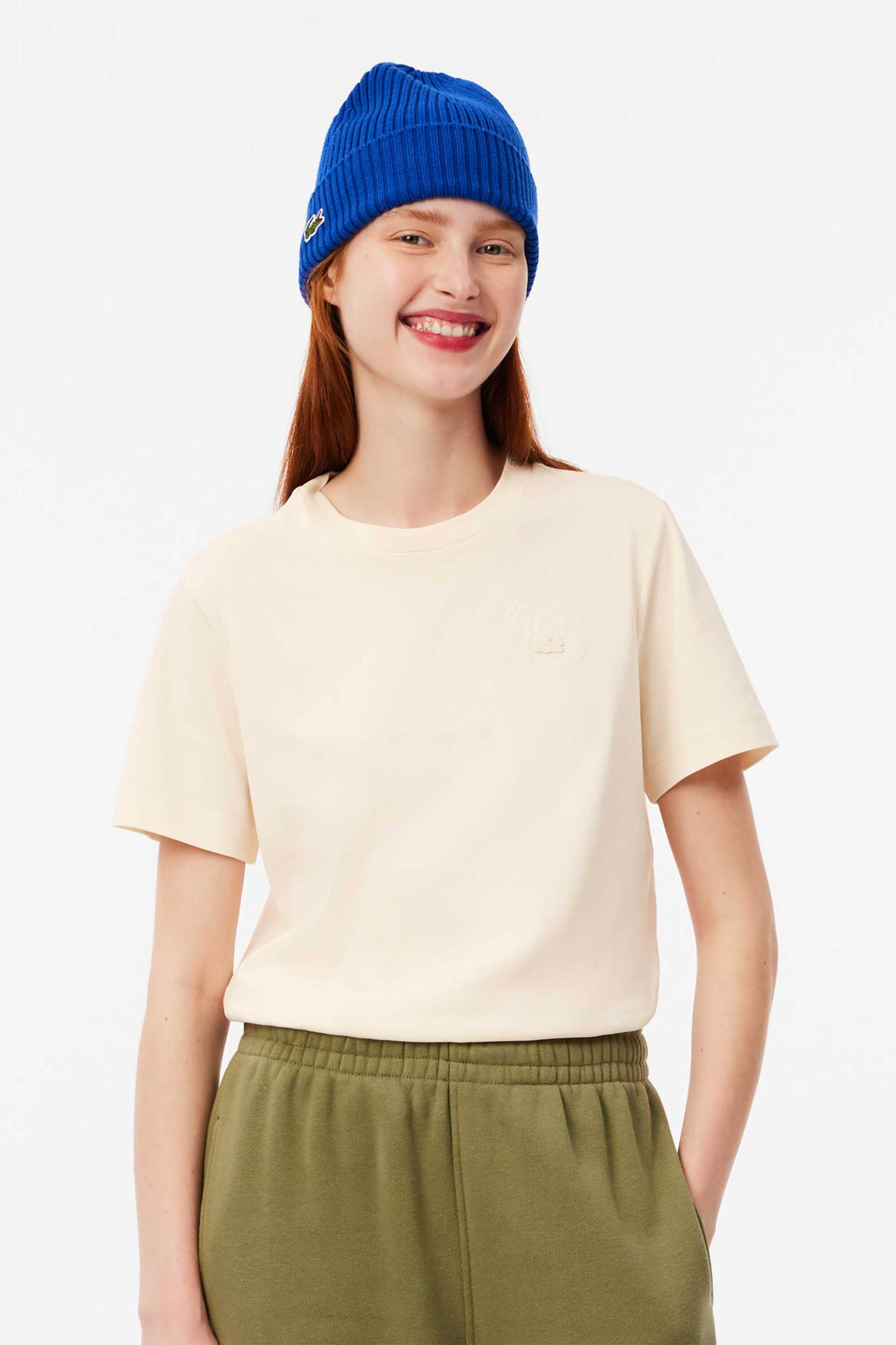 Lacoste Lacoste γυναικείο T-shirt μονόχρωμο με ton-sur-ton κεντημένο λογότυπο Regular Fit - TF2674-00 Εκρού 2025