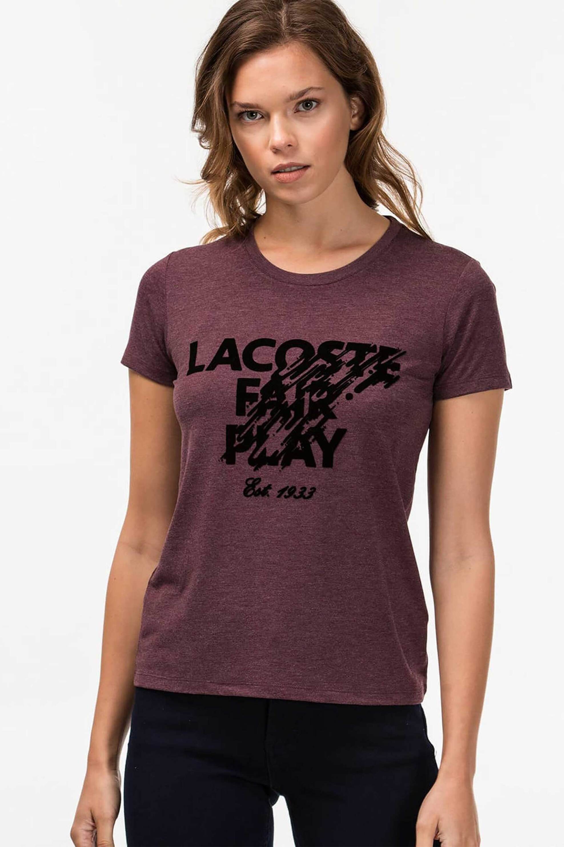 Lacoste Lacoste γυναικείο T-shirt με lettering Classic Fit - TF7668 Μπορντό 2025