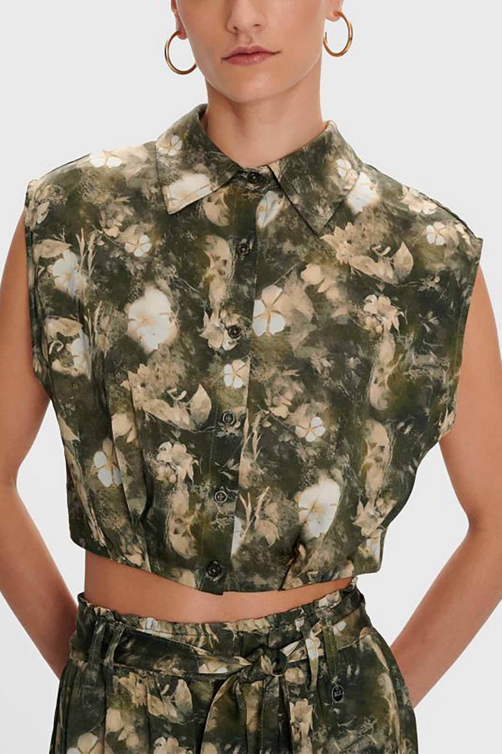  'ALE γυναικείο πουκάμισο αμάνικο cropped με floral print και σατέν υφή - 8919236 Πράσινο Σκούρο 2025