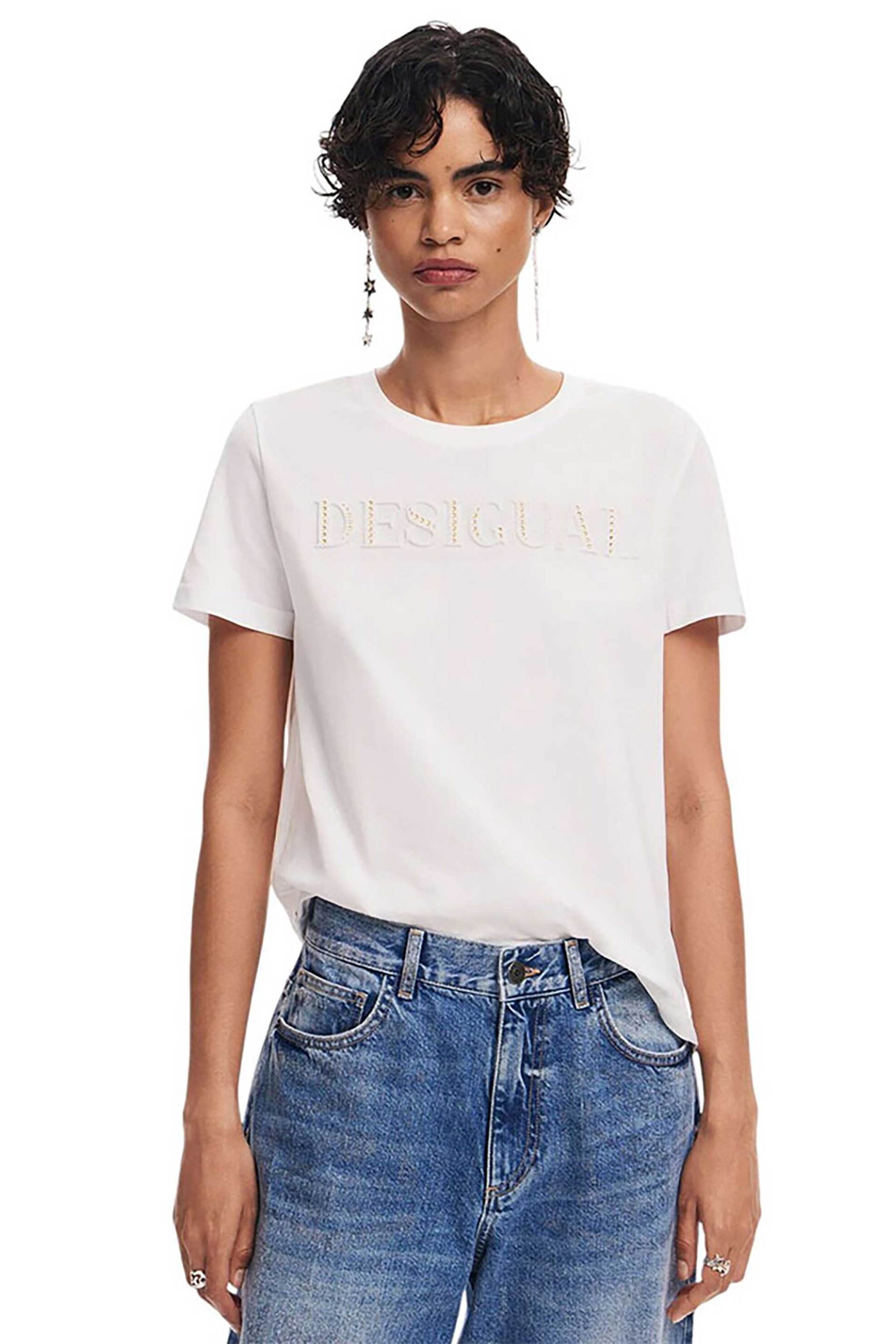 DESIGUAL Desigual γυναικείο βαμβακερό T-shirt με ανάγλυφο logo και στρας 