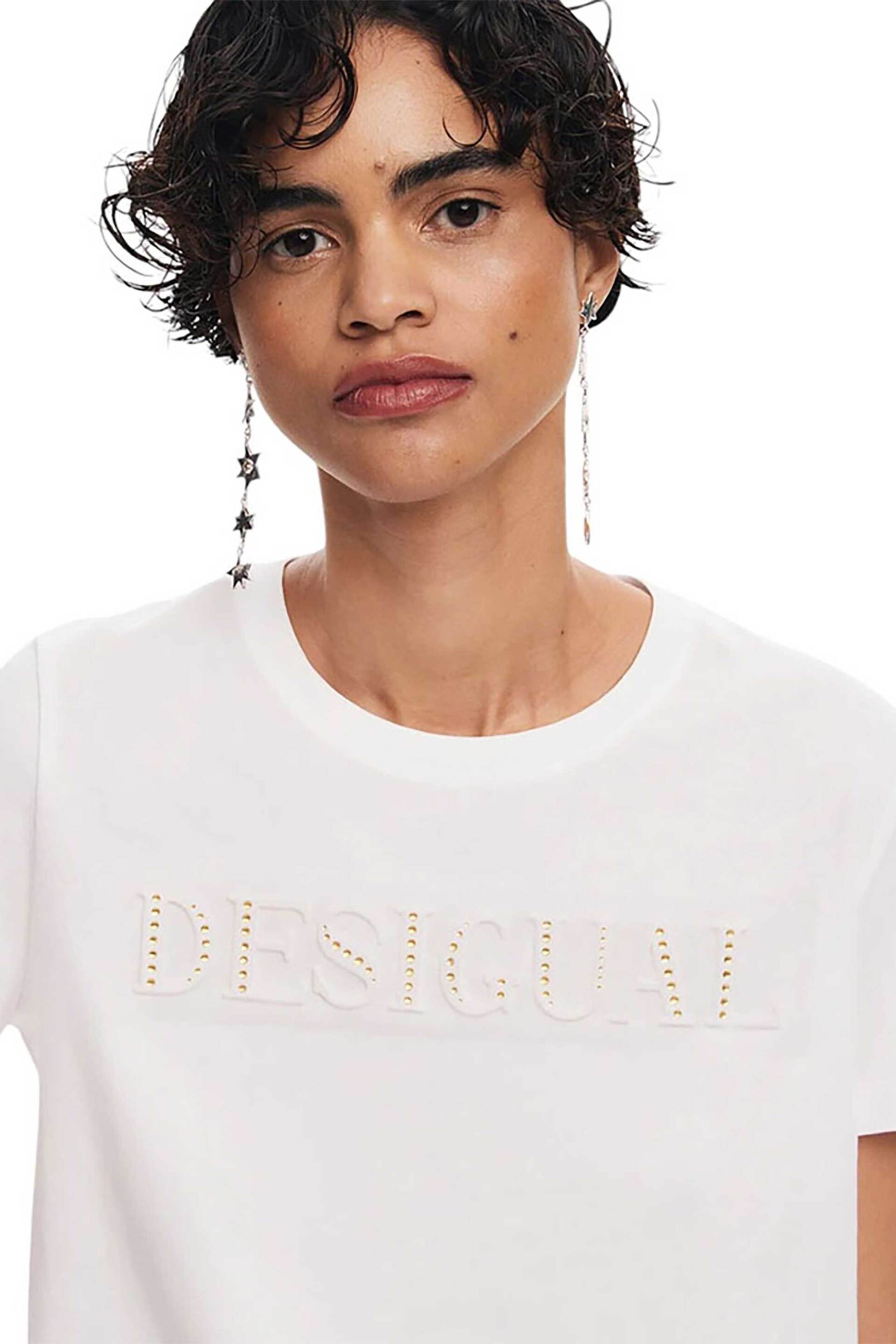 Desigual γυναικείο βαμβακερό T-shirt με ανάγλυφο logo και στρας "Brandy" - 24WWTK24 Λευκό φωτογραφία