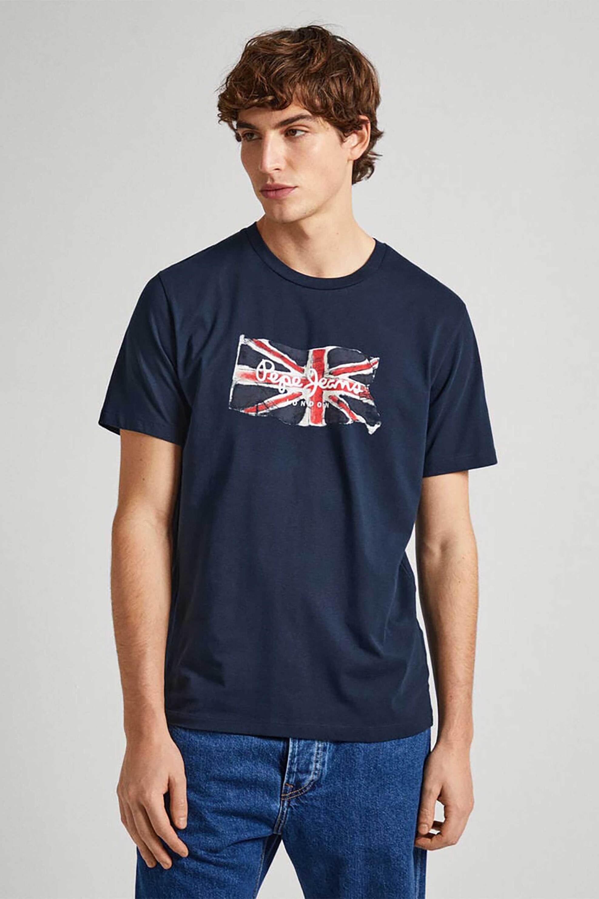 PEPE JEANS Pepe Jeans ανδρικό T-shirt μονόχρωμο βαμβακερό με contrast print - PM509384 Σκούρο Μπλε