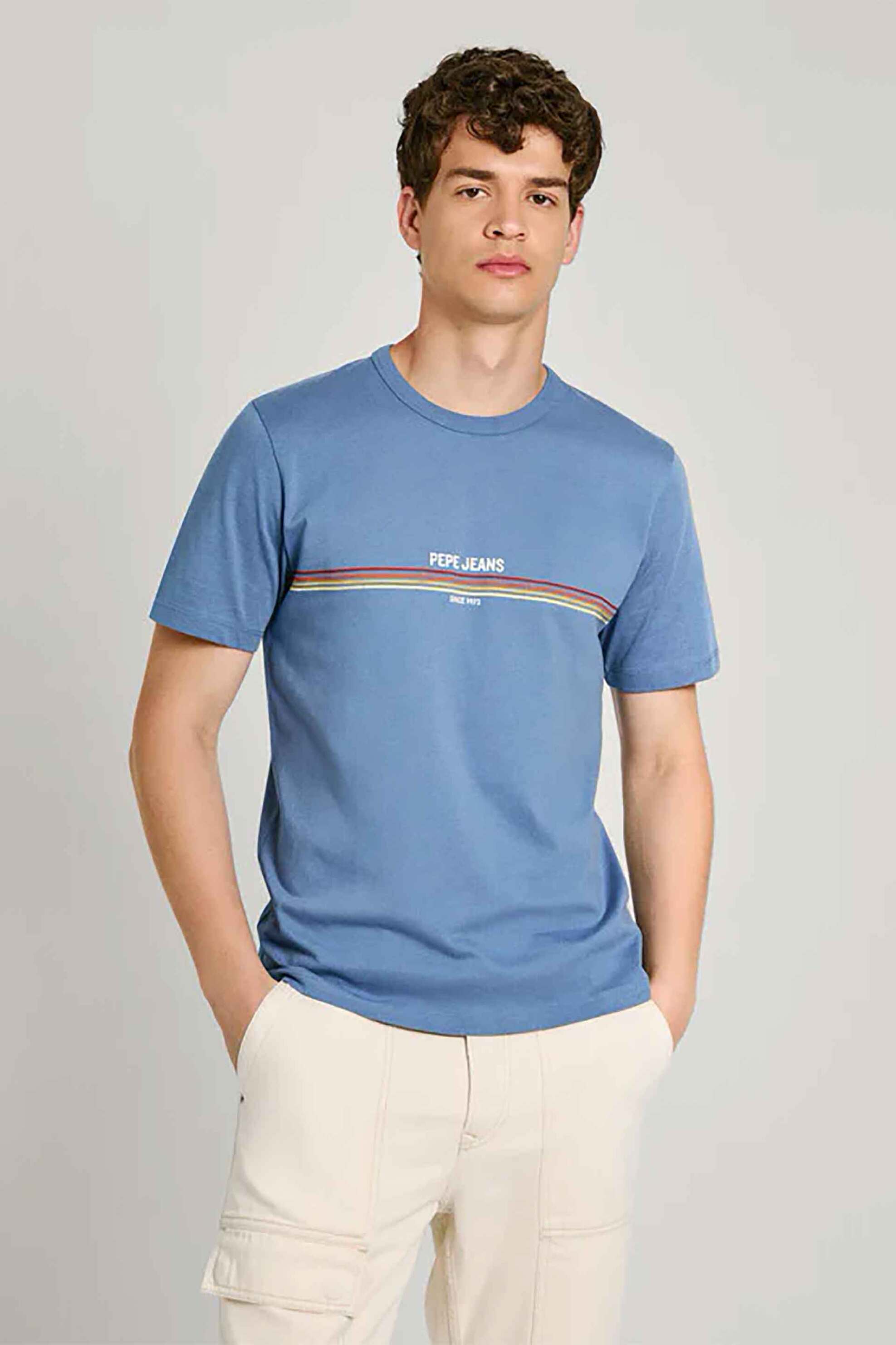 PEPE JEANS Pepe Jeans ανδρικό T-shirt με contrast ρίγες και λογότυπο Regular Fit - PM509427 Μπλε Ανοιχτό