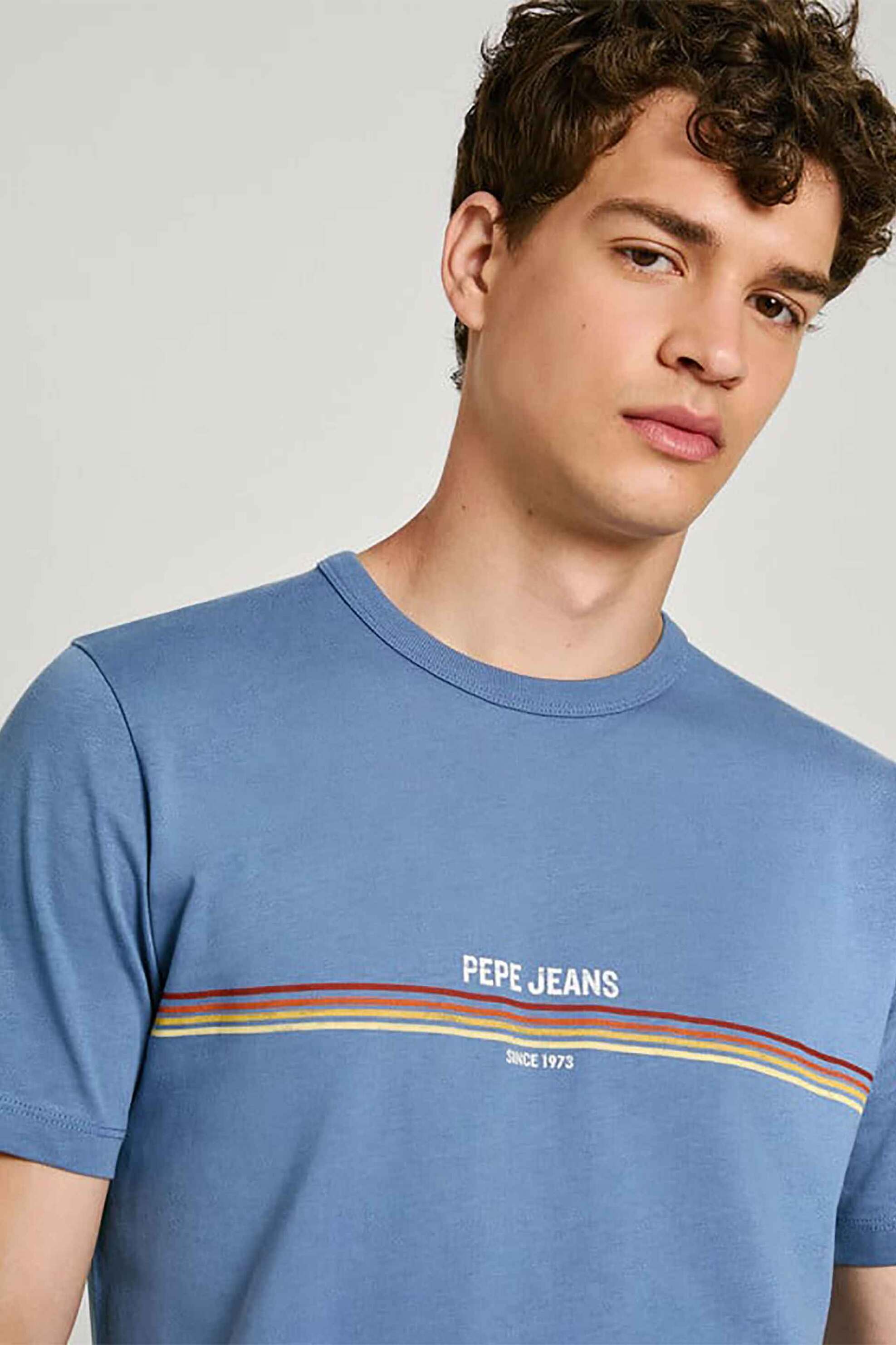 Pepe Jeans ανδρικό T-shirt με contrast ρίγες και λογότυπο Regular Fit - PM509427 Μπλε Ανοιχτό φωτογραφία