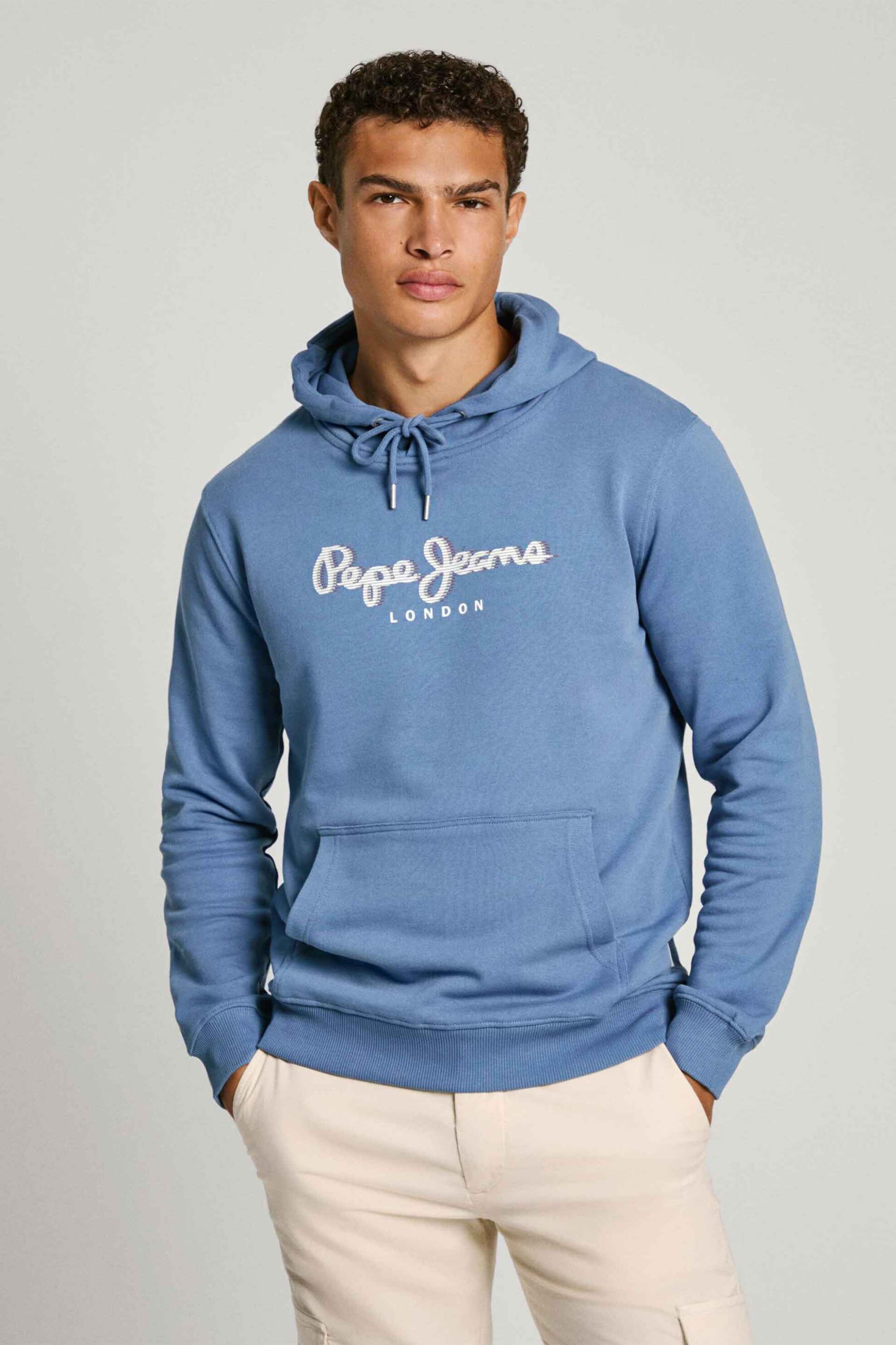 PEPE JEANS Pepe Jeans ανδρική μπλούζα φούτερ με κουκούλα και logo print Regular Fit - PM582695 Μπλε Ανοιχτό