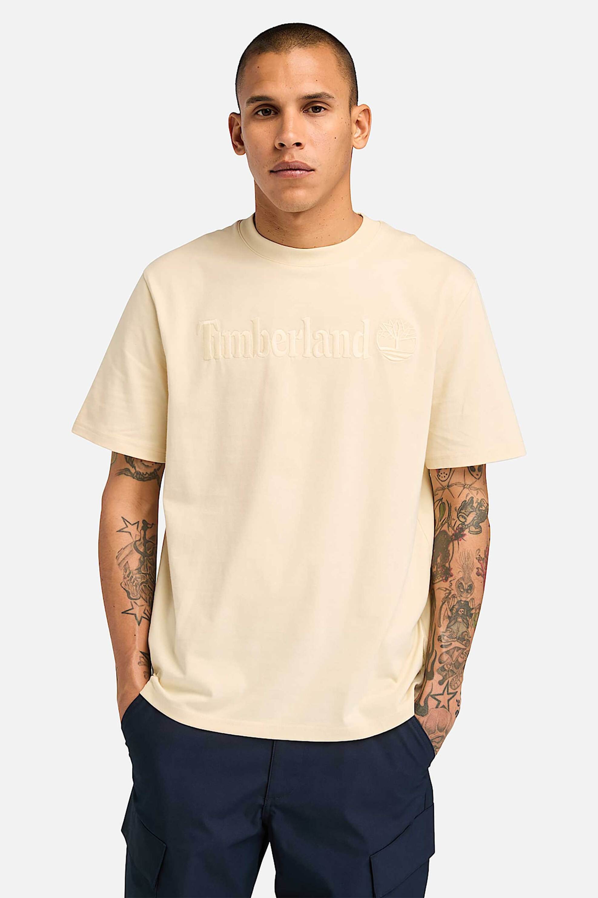 TIMBERLAND Timberland ανδρικό T-shirt μονόχρωμο με κεντημένο λογότυπο Regular Fit - TB0A6VPEEFL1 Μπεζ