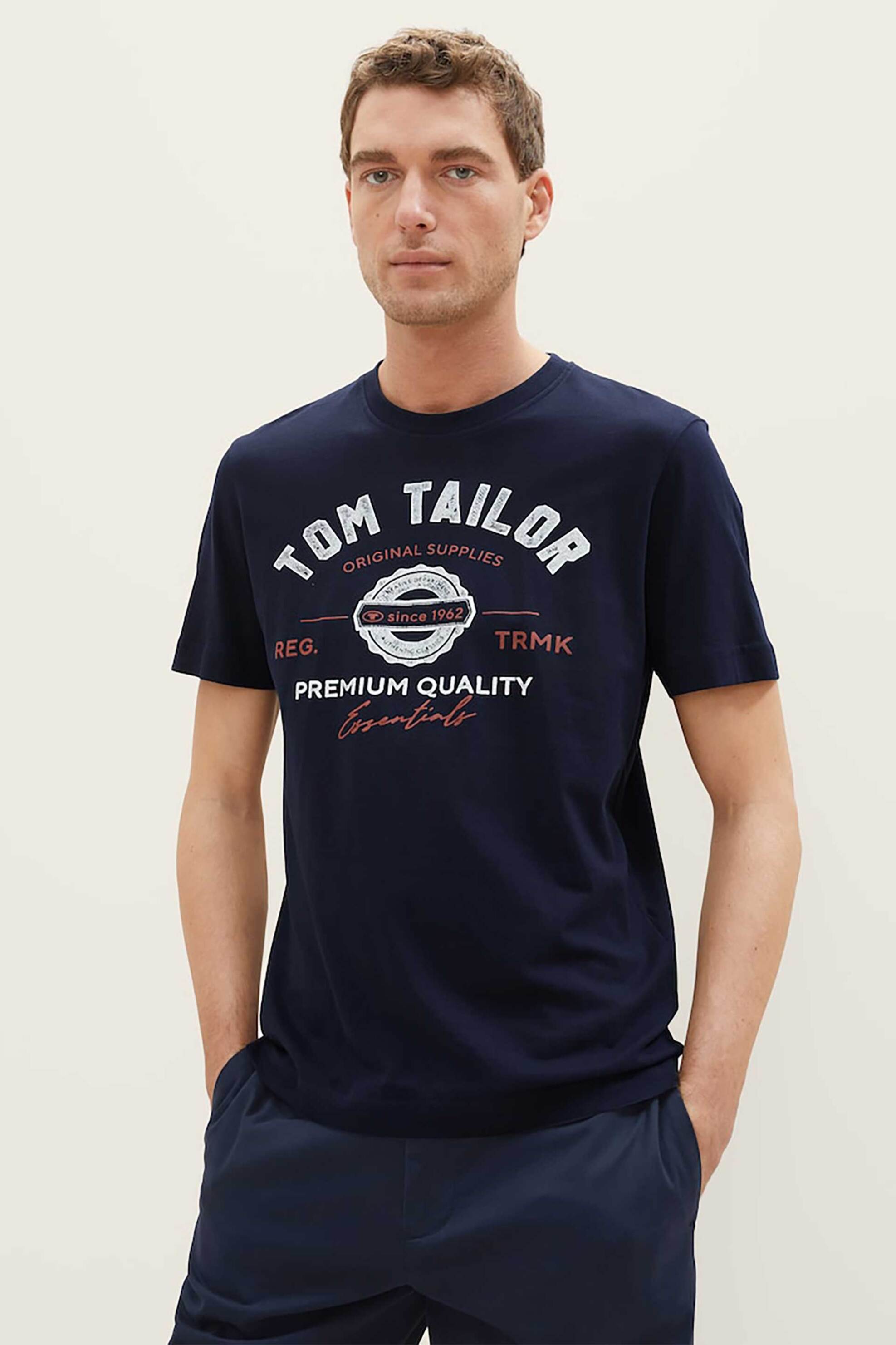 TOM TAILOR Tom Tailor ανδρικό T-shirt με λογότυπο και lettering Regular Fit - 1037735 Μπλε Σκούρο