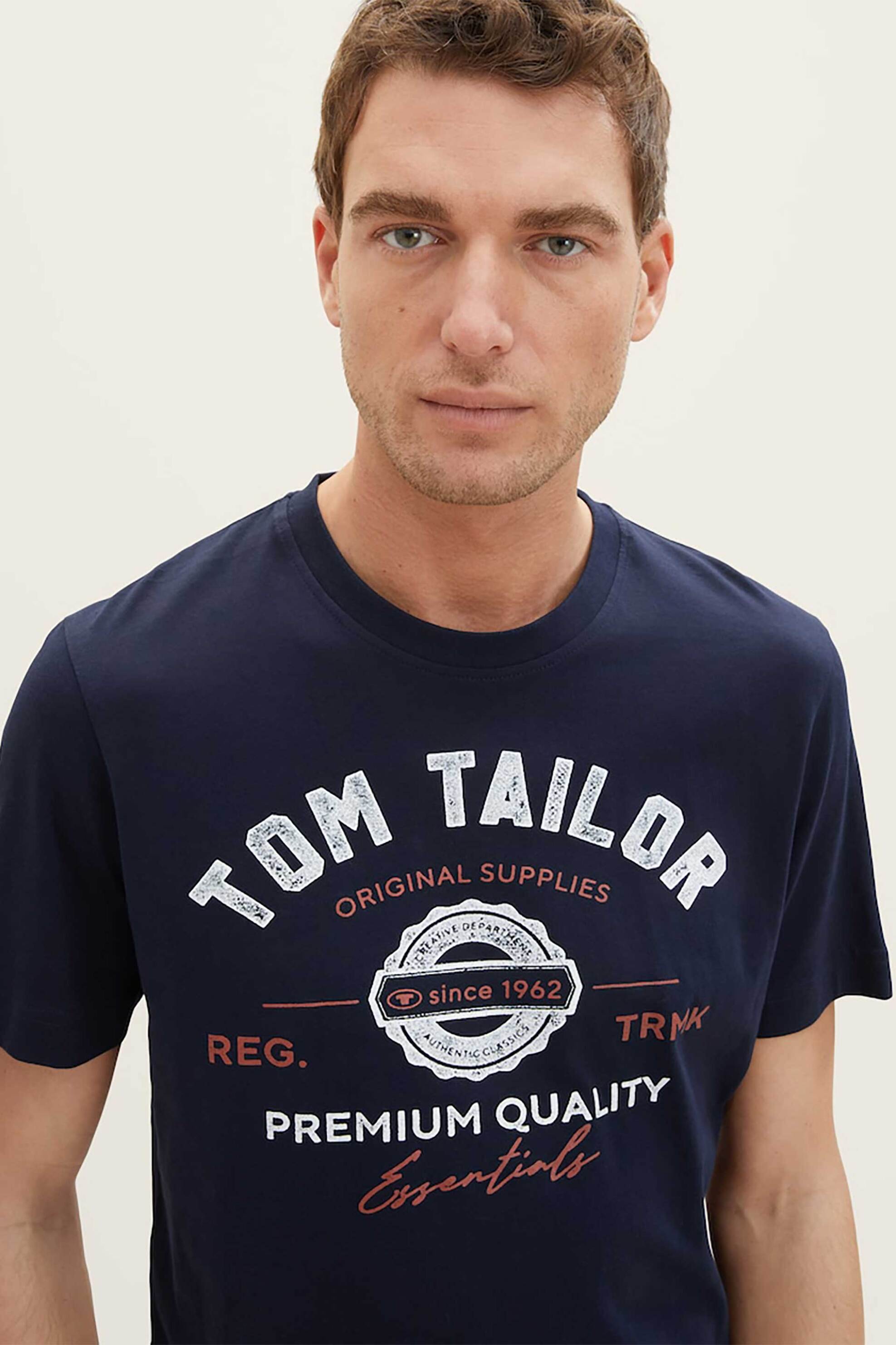 Tom Tailor ανδρικό T-shirt με λογότυπο και lettering Regular Fit - 1037735 Μπλε Σκούρο φωτογραφία