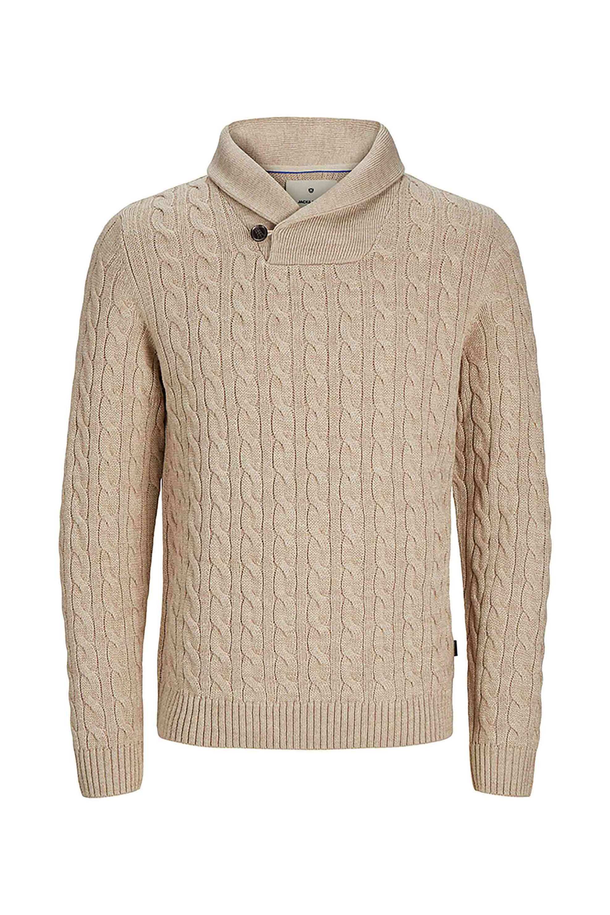 JACK & JONES ανδρικό πουλόβερ με cable knit pattern και ψηλό λαιμό - 12259704 Μπεζ φωτογραφία