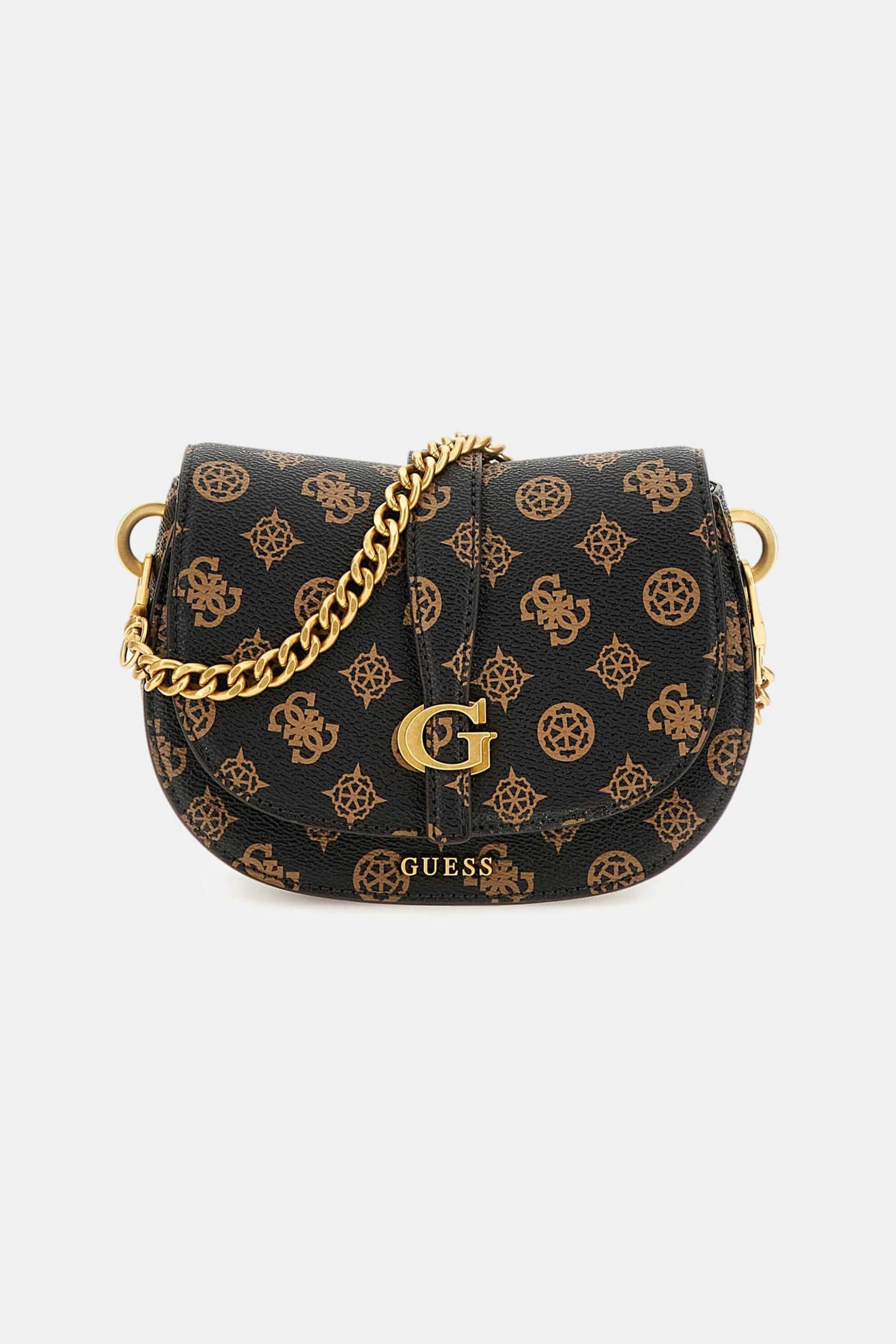 Guess Guess γυναικεία τσάντα crossbody mini με all-over logo print και χρυσές λεπτομέρειες 