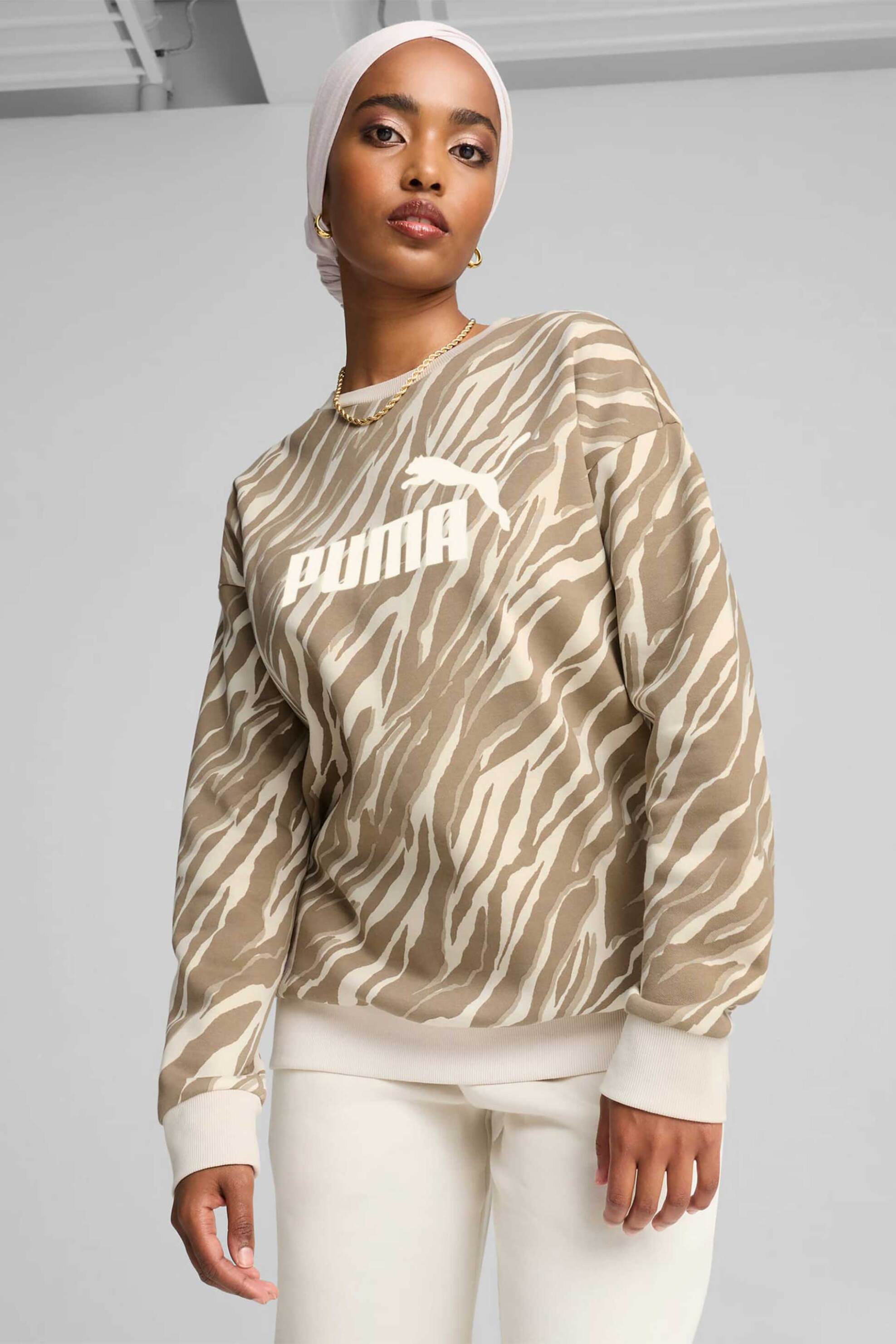  Puma γυναικεία μπλούζα φούτερ με animal print και λογότυπο Relaxed Fit - 681491 Μπεζ 2025