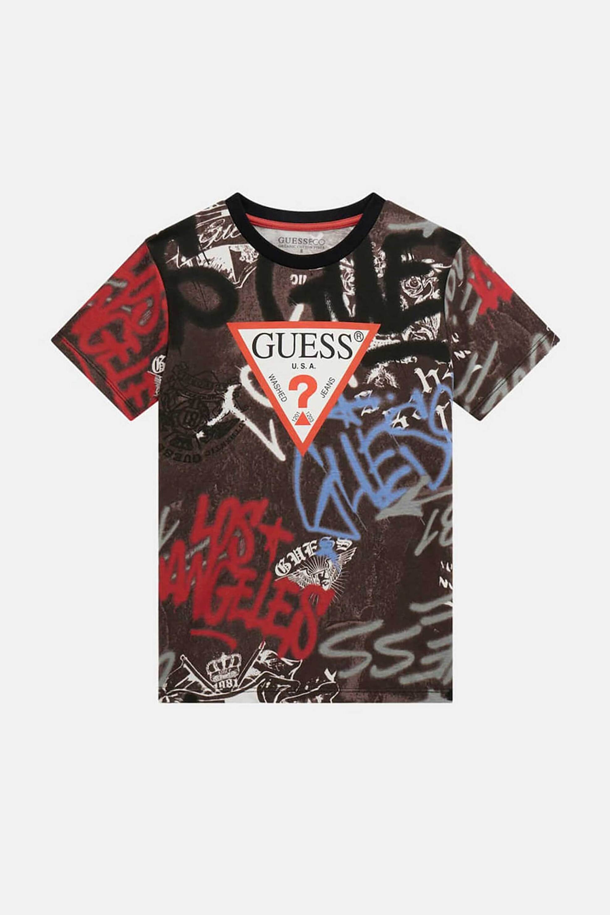 GUESS Guess παιδικό T-shirt με all-over graffiti print και λογότυπο - L5RI05K8HM4 Καφέ