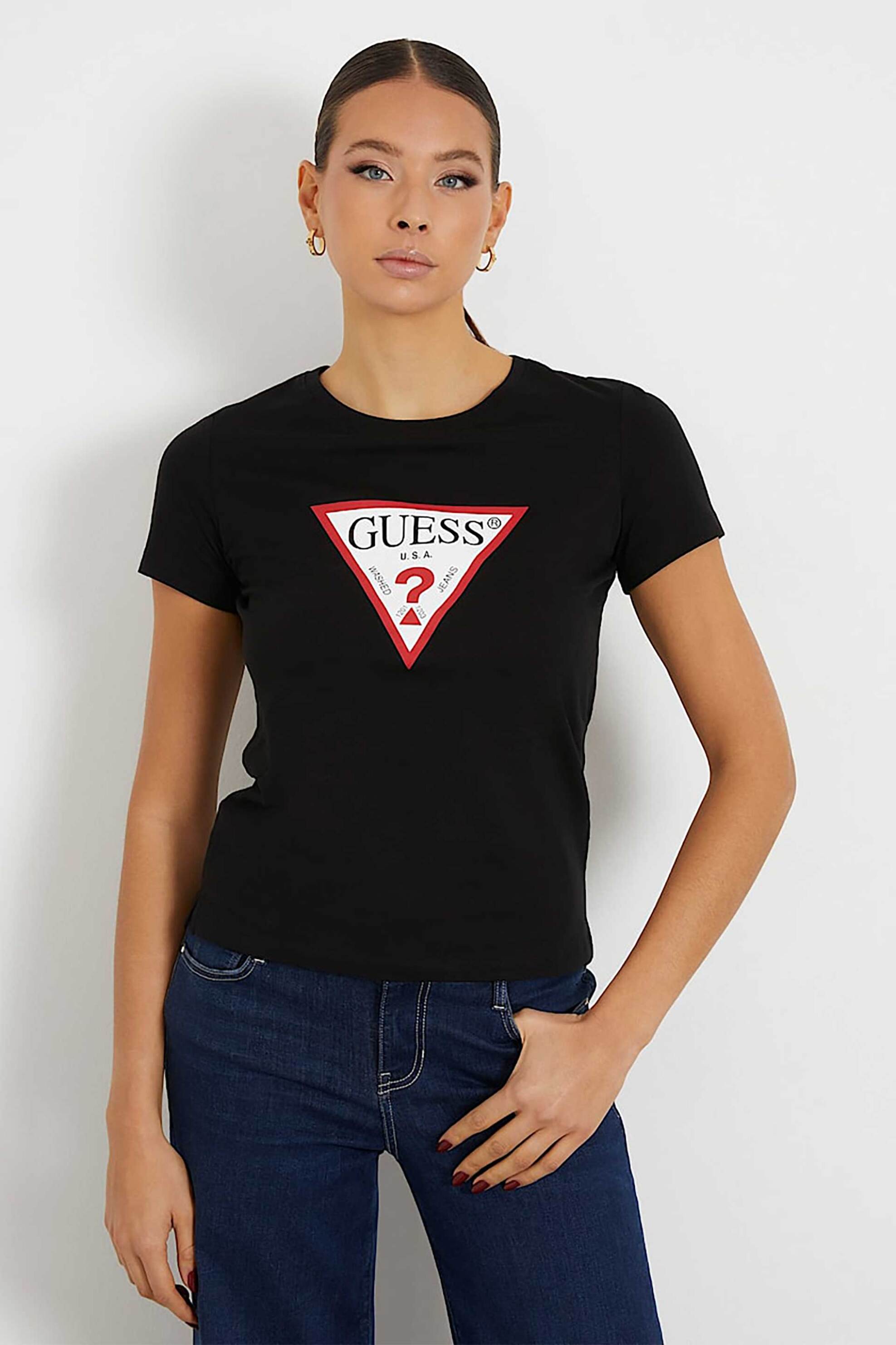 Guess Guess γυναικείο βαμβακερό T-shirt με τριγωνικό λογότυπο μπροστά - W1YI1BI3Z14 Μαύρο 2025