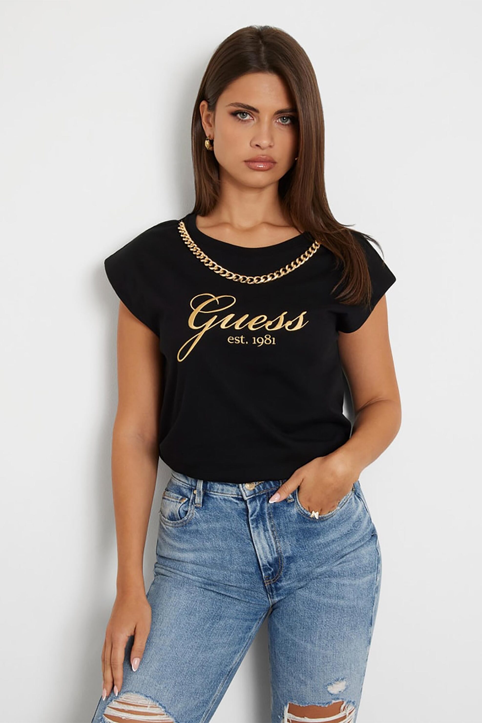 Guess Guess γυναικείο T-shirt μονόχρωμο με logo print Regular Fit - W4YI16I3Z14 Μαύρο 2025