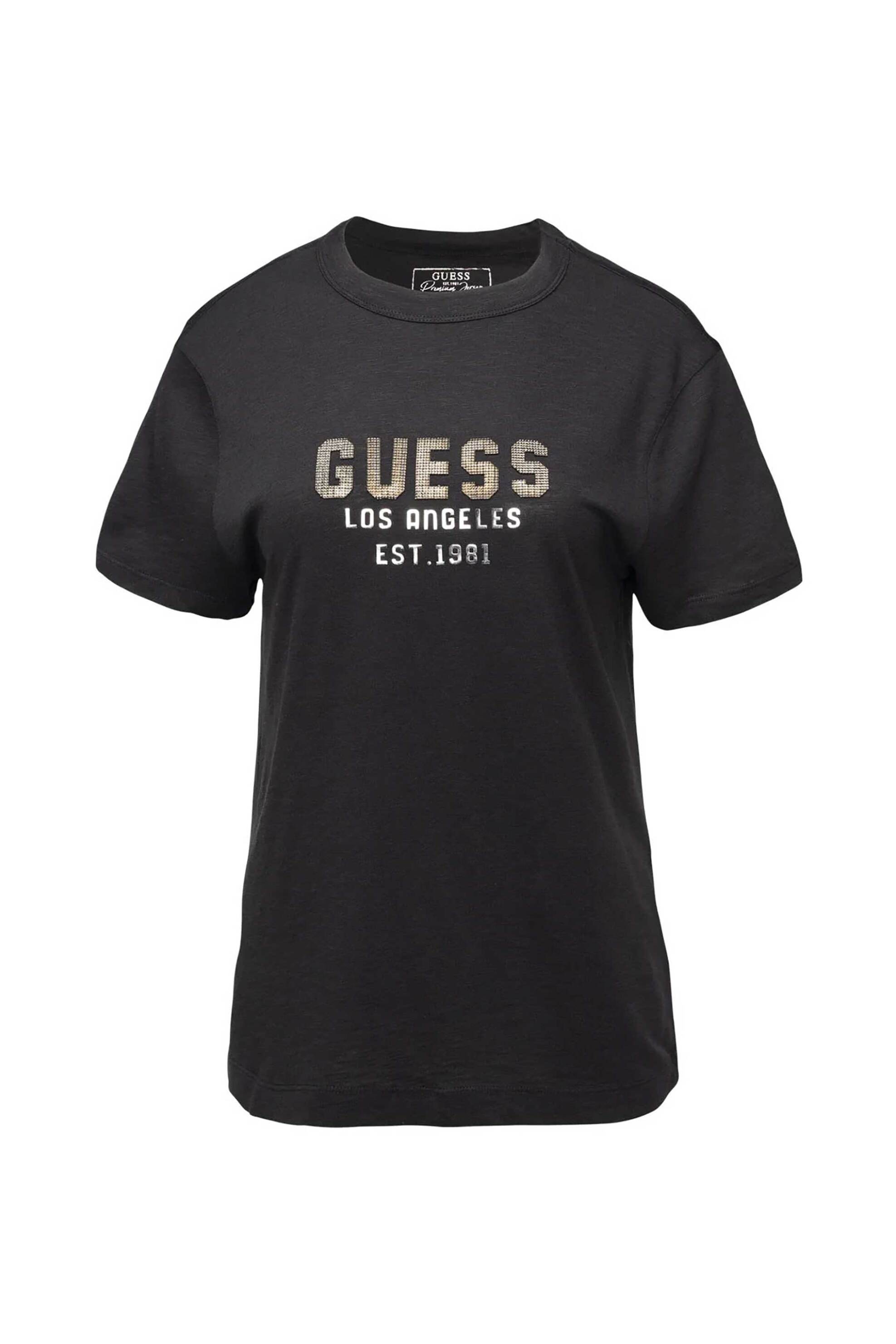 Guess Guess γυναικείο T-shirt με ανάγλυφο lettering και λογότυπο με στρας Regular Fit - W4YI35KC8T0 Μαύρο 2025