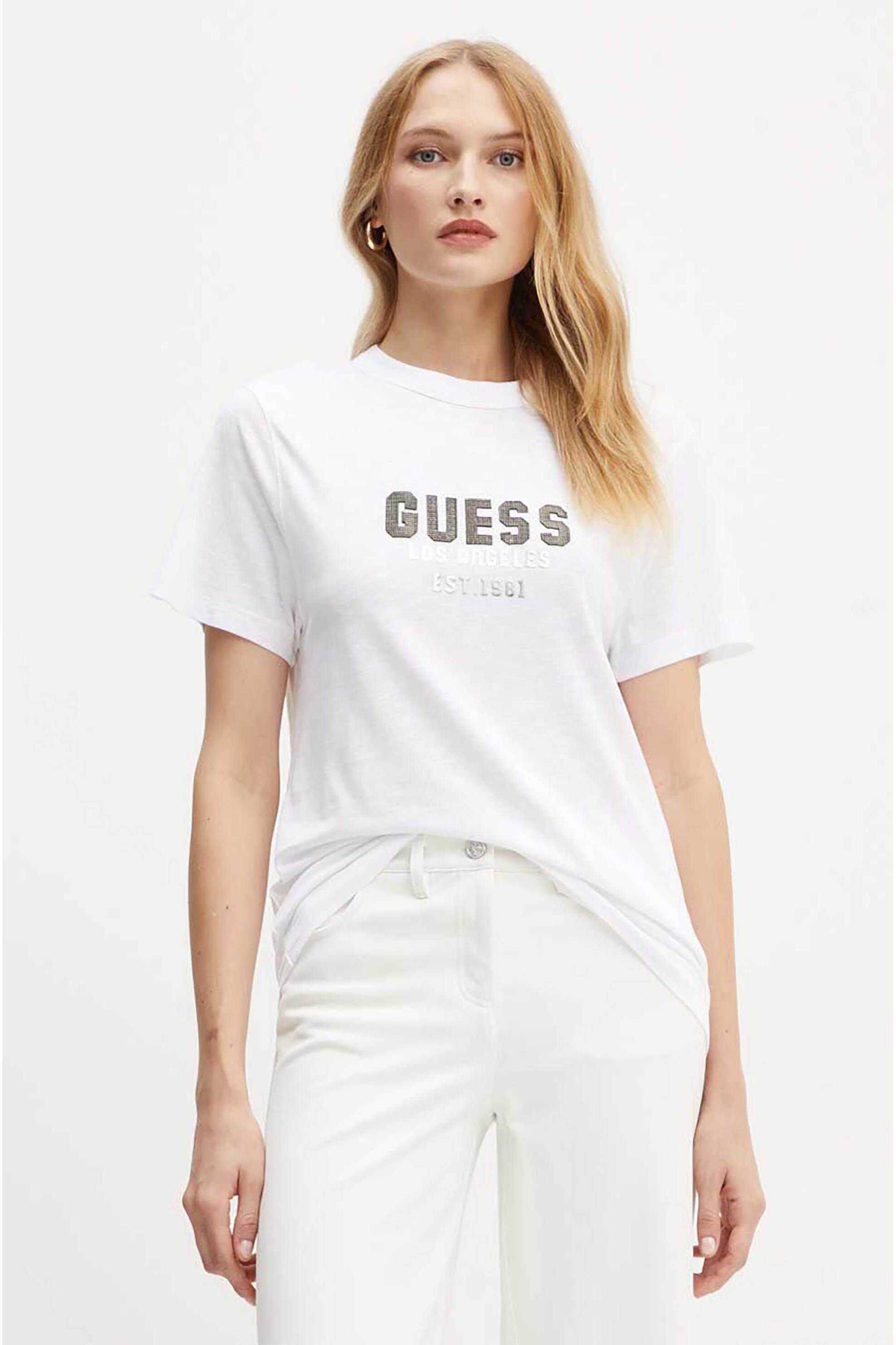 Guess Guess γυναικείο T-shirt με ανάγλυφο lettering και λογότυπο με στρας Regular Fit - W4YI35KC8T0 Λευκό 2025