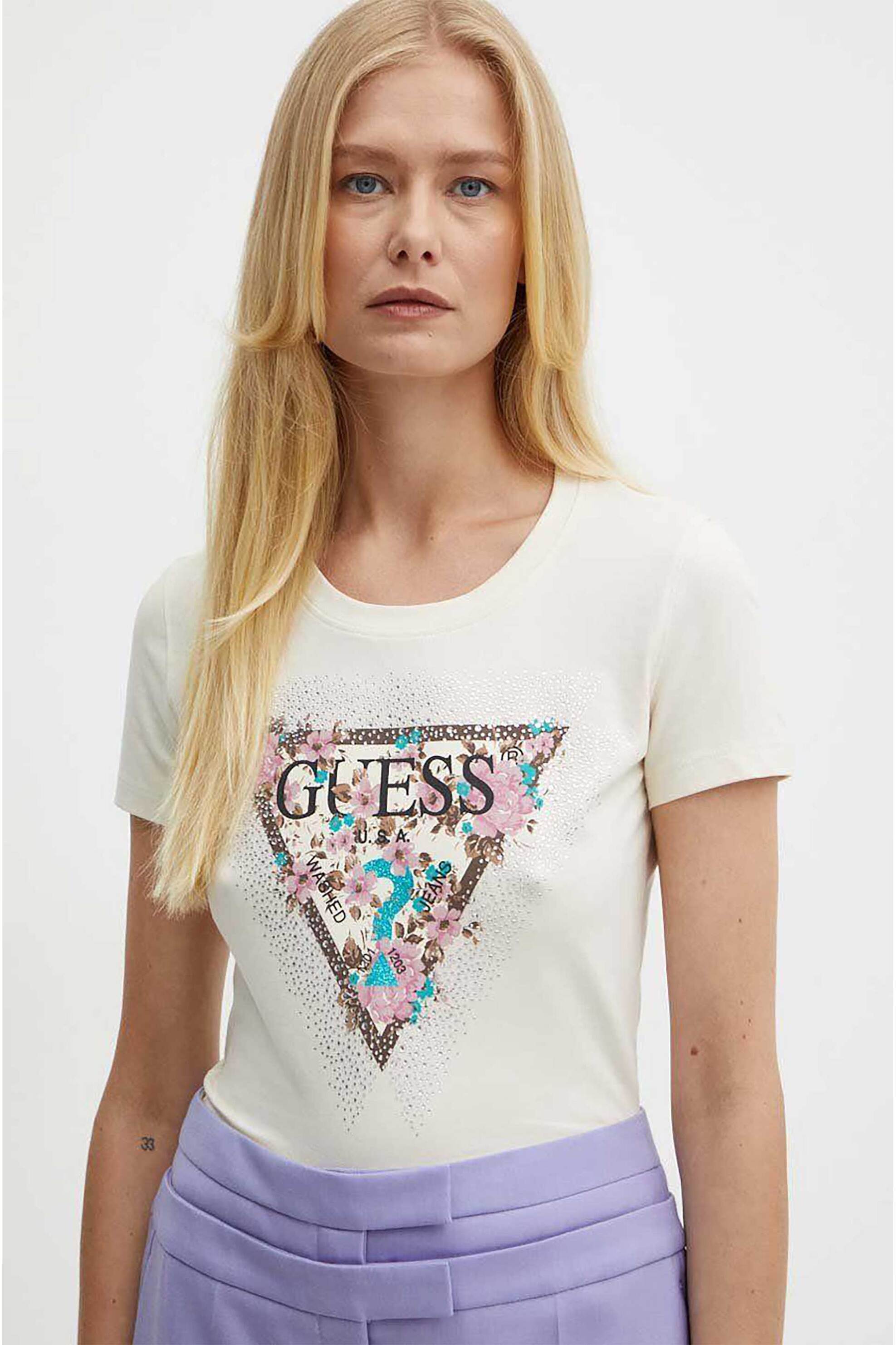 Guess Guess γυναικείο T-shirt με print με στρας και λογότυπο Regular Fit - W4YI26J1314 Λευκό 2025