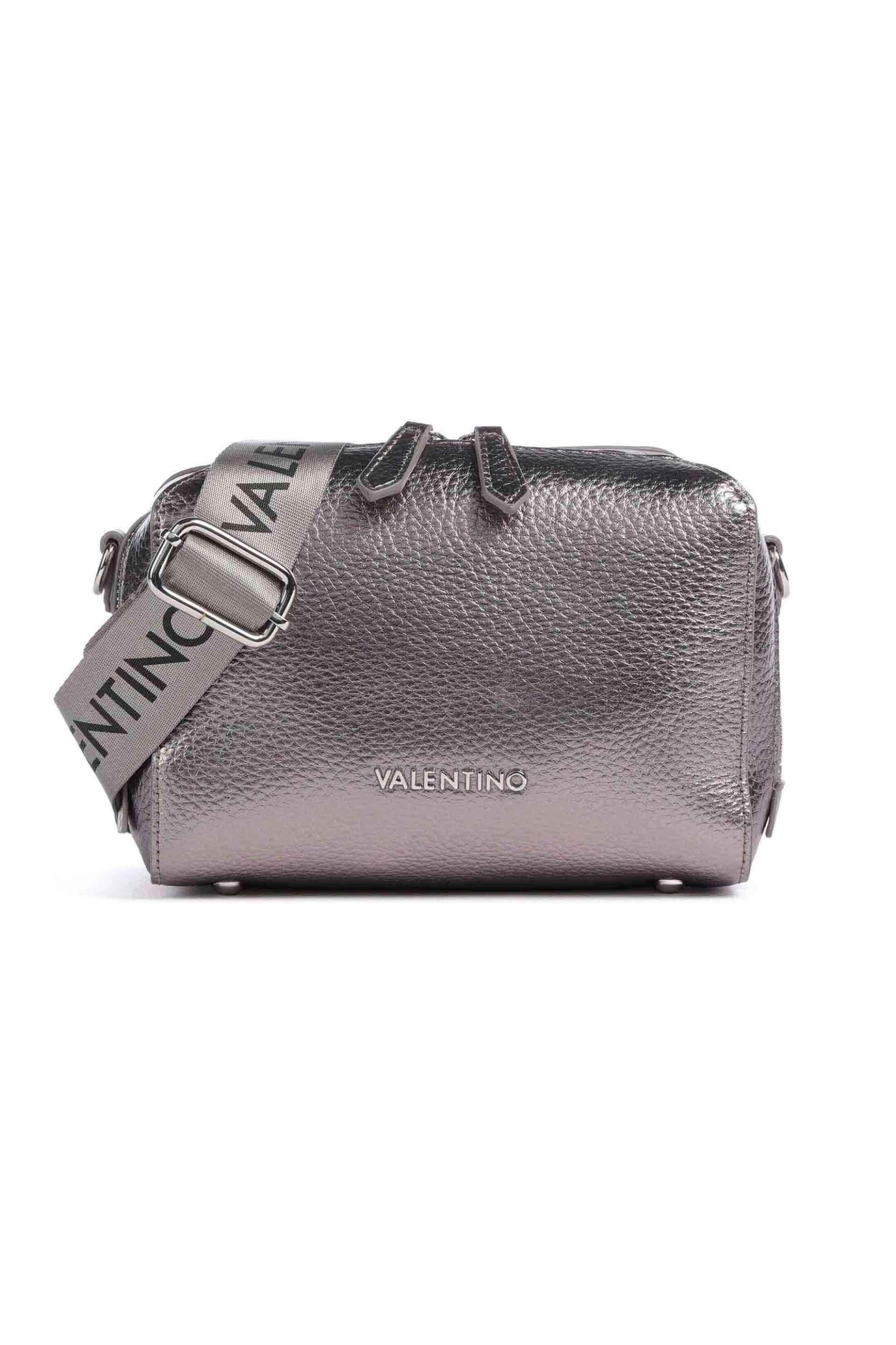  Valentino γυναικεία τσάντα crossbody μεταλλιζέ με ιμάντα και ανάγλυφο μεταλλικό λογότυπο 