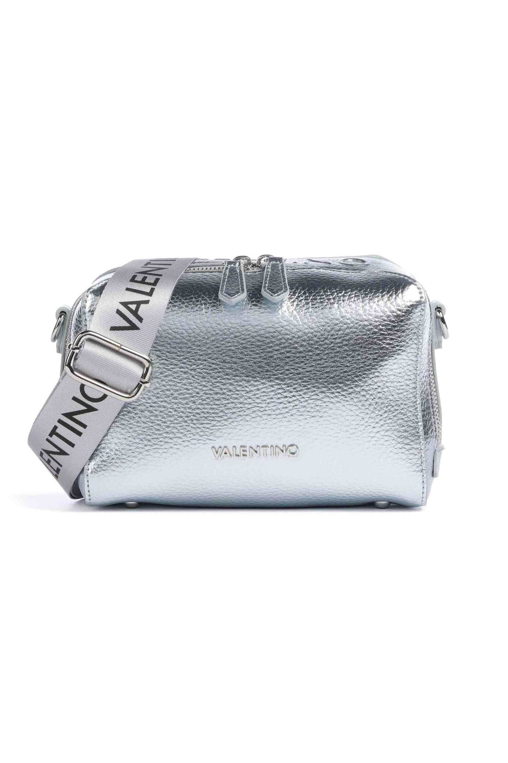  Valentino γυναικεία τσάντα crossbody μεταλλιζέ με ιμάντα και ανάγλυφο μεταλλικό λογότυπο 