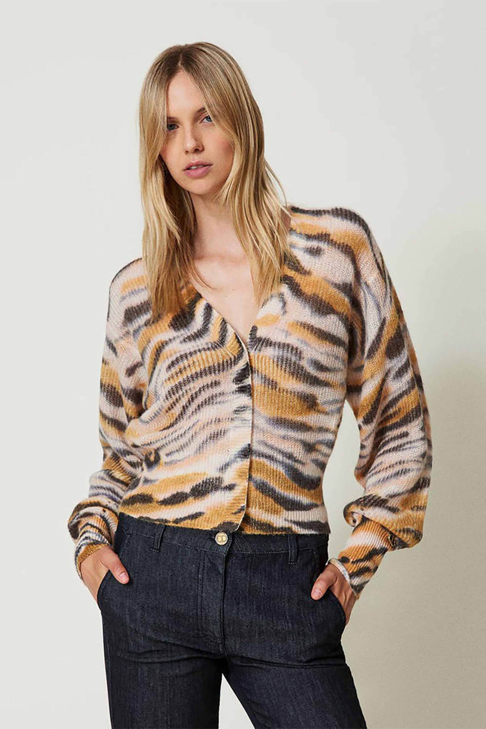  Twinset γυναικεία πλεκτή ζακέτα με animal print - 242TP3633 Εκρού 2025