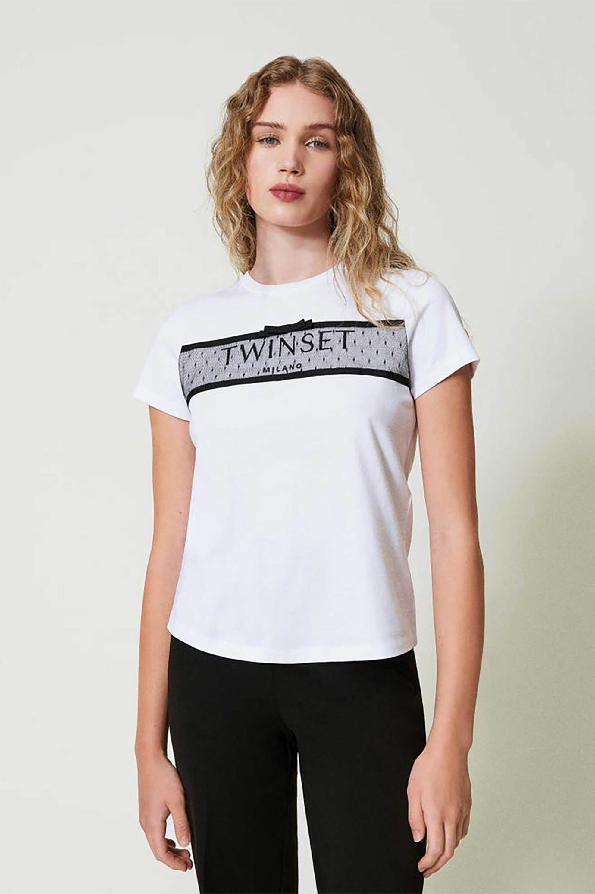  Twinset γυναικείο Τ-shirt με τούλι και λογότυπο μπροστά - 242TT2290 Λευκό 2025