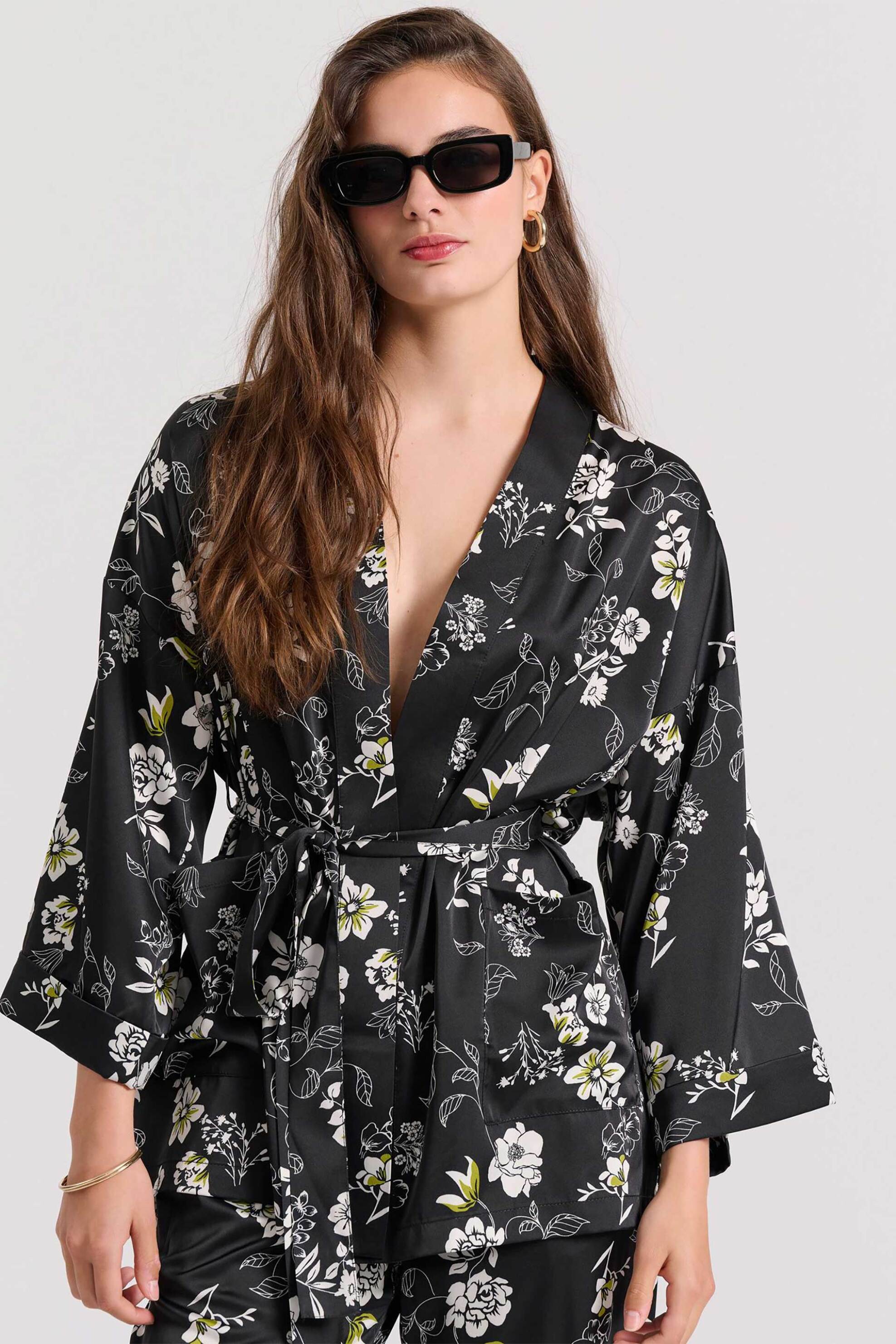 Funky Buddha γυναικείο κιμονό με σατέν όψη και all-over floral print – FBL009-106-01 Πράσινο