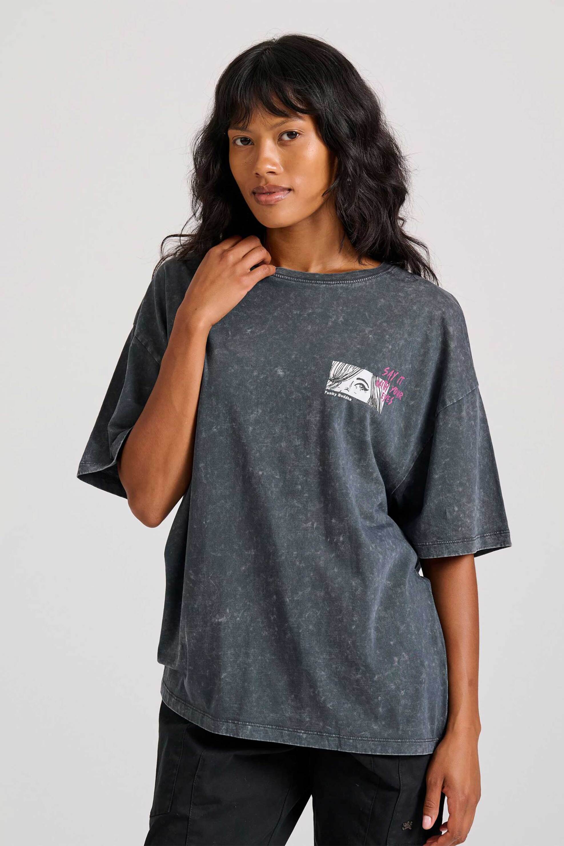  Funky Buddha γυναικείο T-shirt garment dyed με print στην πλάτη Oversized Fit - FBL010-121-04 Ανθρακί 2025