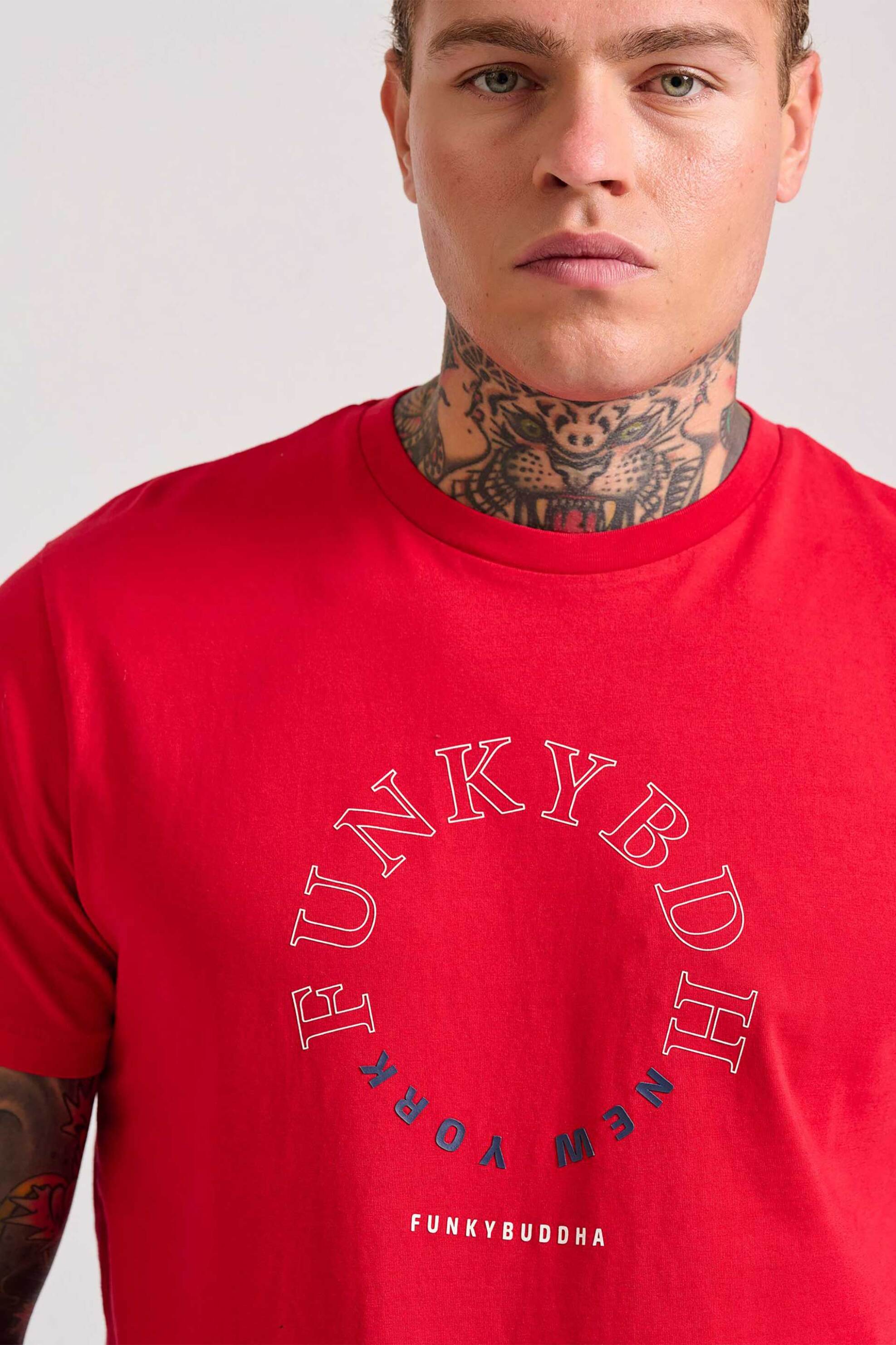 Funky Buddha ανδρικό T-shirt μονόχρωμο με λογότυπο Regular Fit - FBM010-011-04 Κόκκινο φωτογραφία