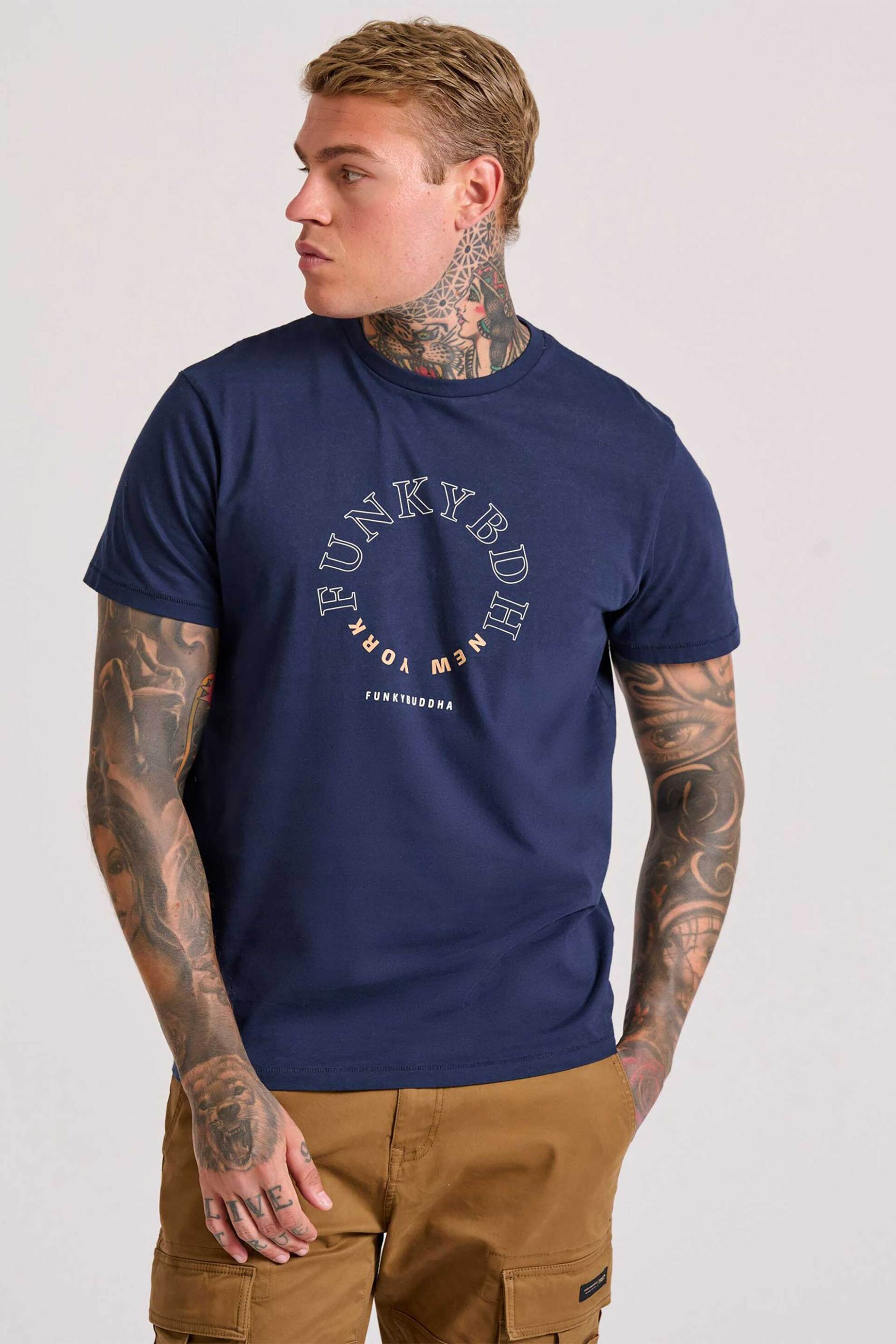 FUNKY BUDDHA Funky Buddha ανδρικό T-shirt μονόχρωμο με λογότυπο Regular Fit - FBM010-011-04 Σκούρο Μπλε